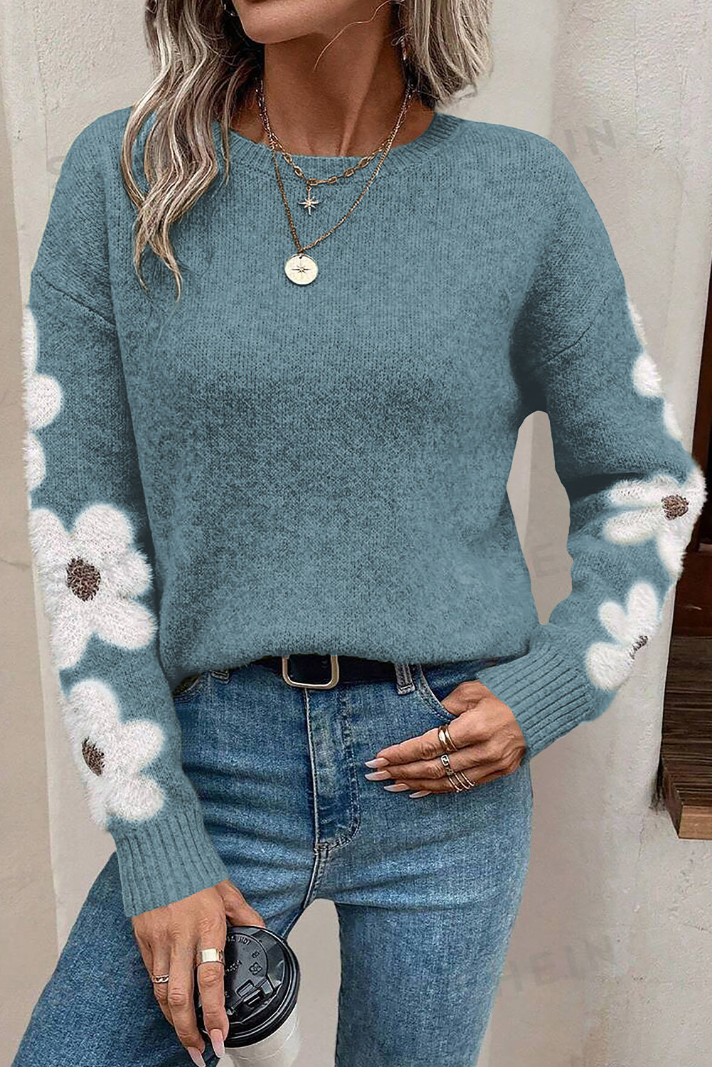 Flower Sleeve Drop Shoulder Sweater