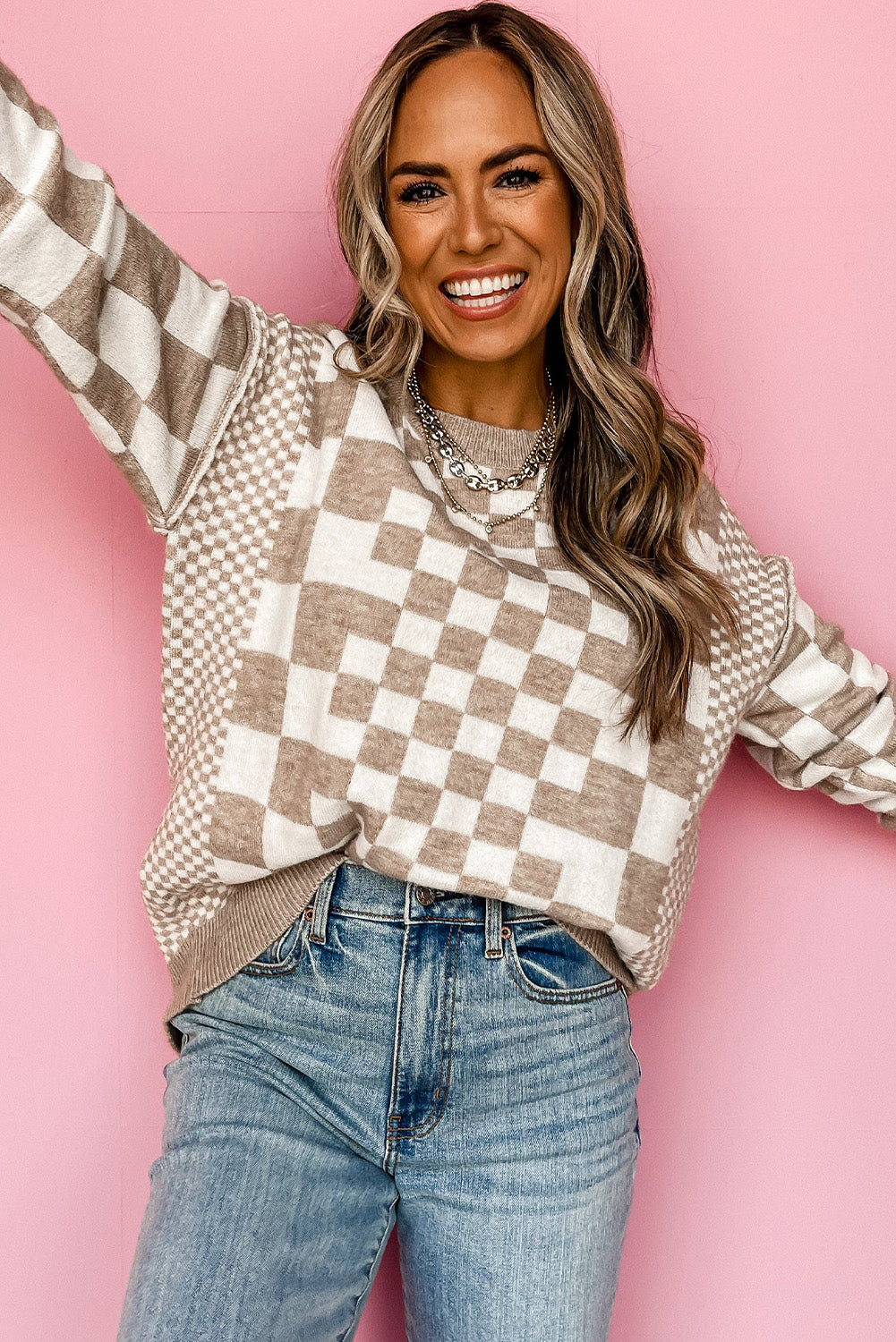 Checkered Drop Shoulder Round Neck Sweater