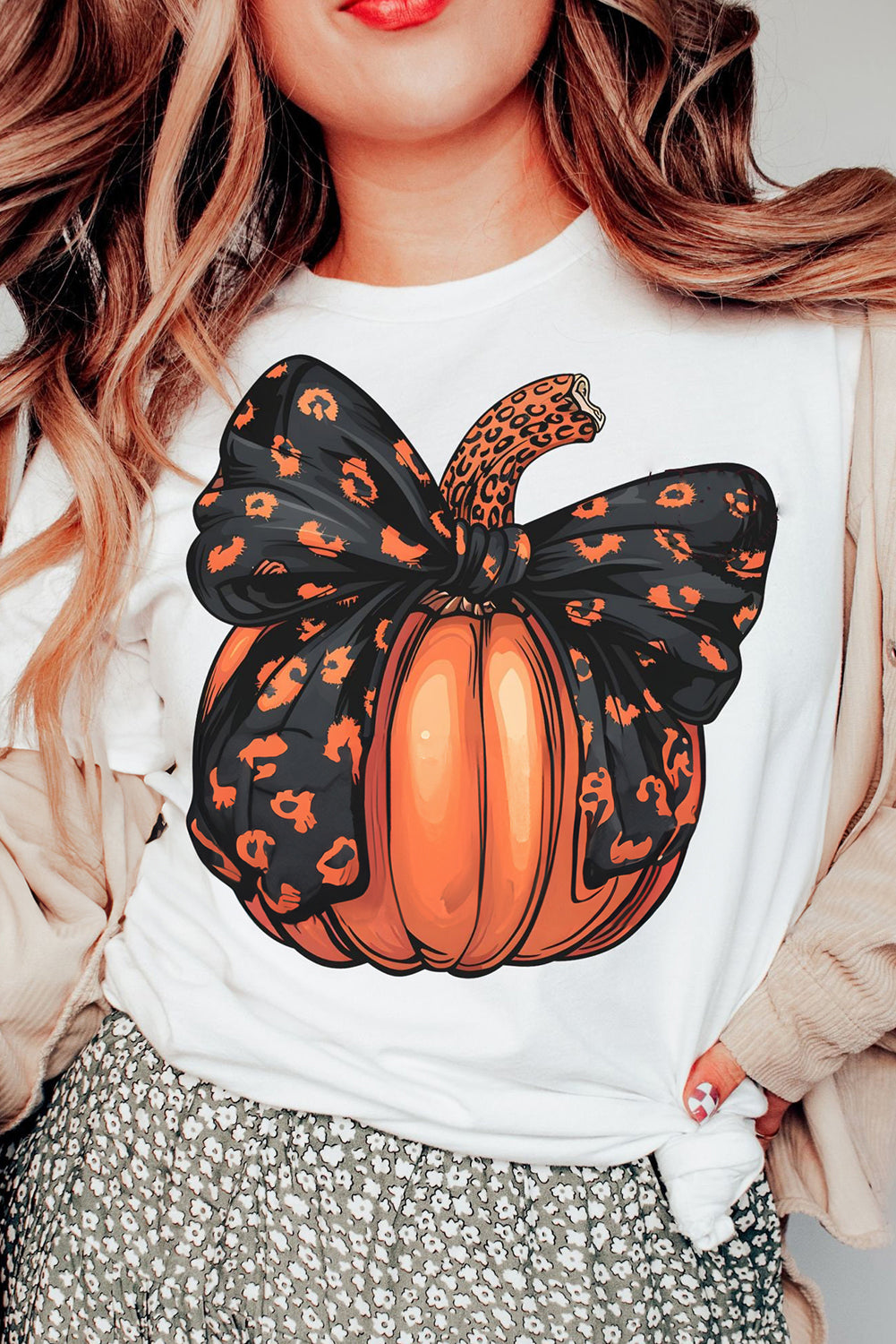 Halloween Bowknot Pumpkin Graphic Crewneck T Shirt