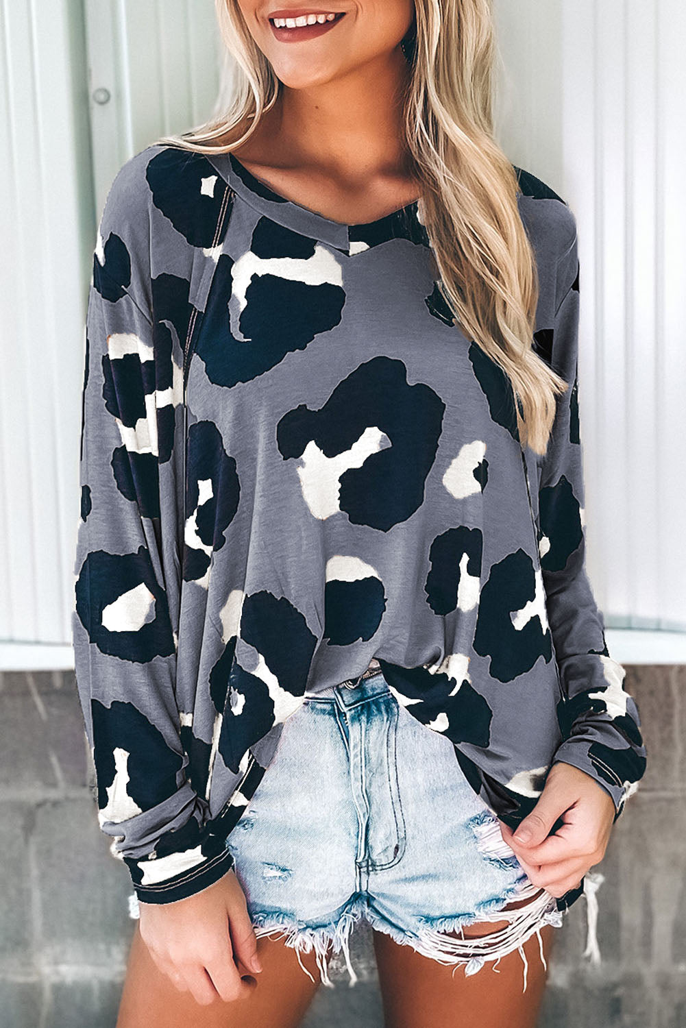 Leopard Animal Print Long Sleeve Pullover and Shorts Casual Outfit