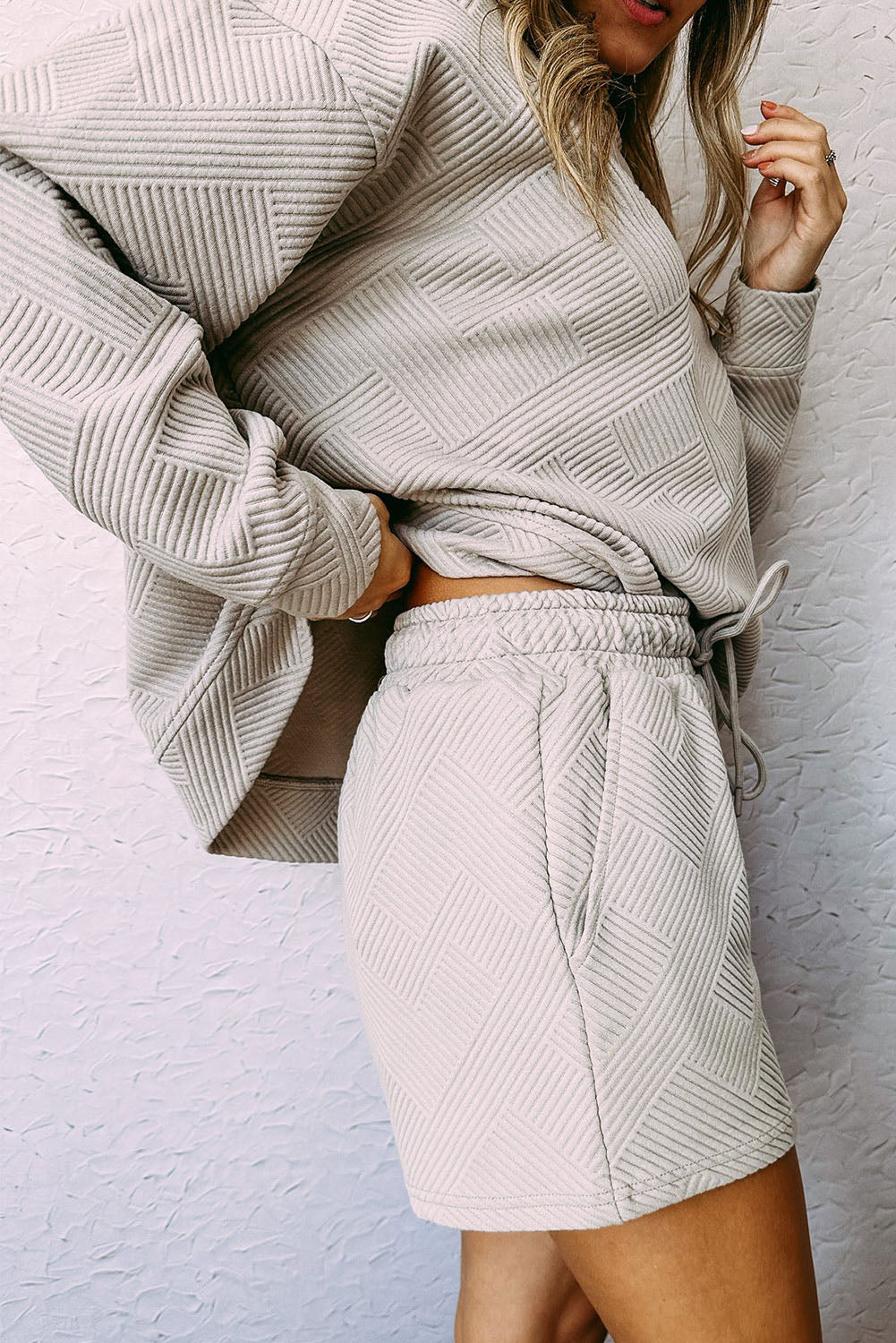 White Textured Long Sleeve Top and Drawstring Shorts Set