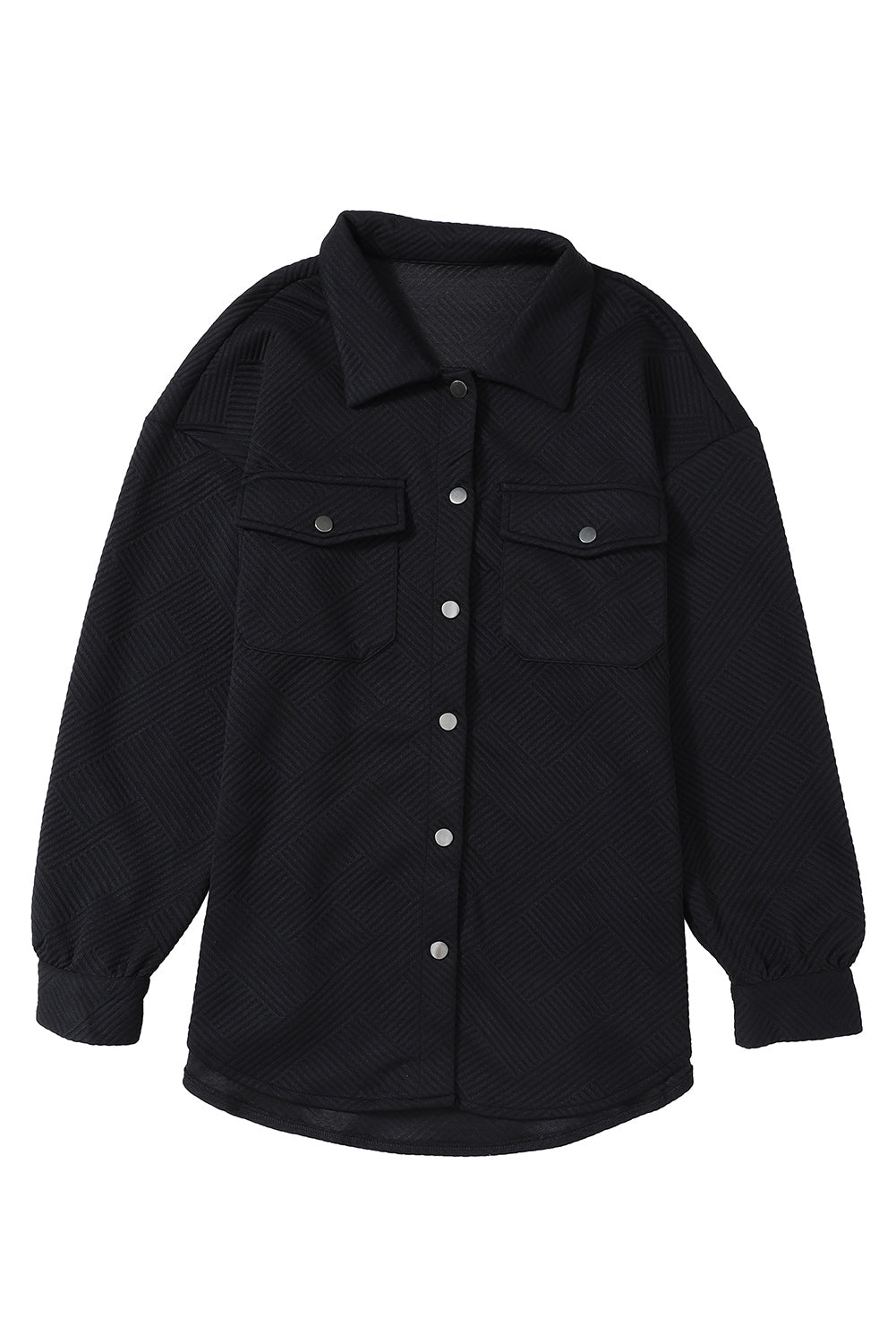 Black Solid Textured Flap Pocket Buttoned Shacket