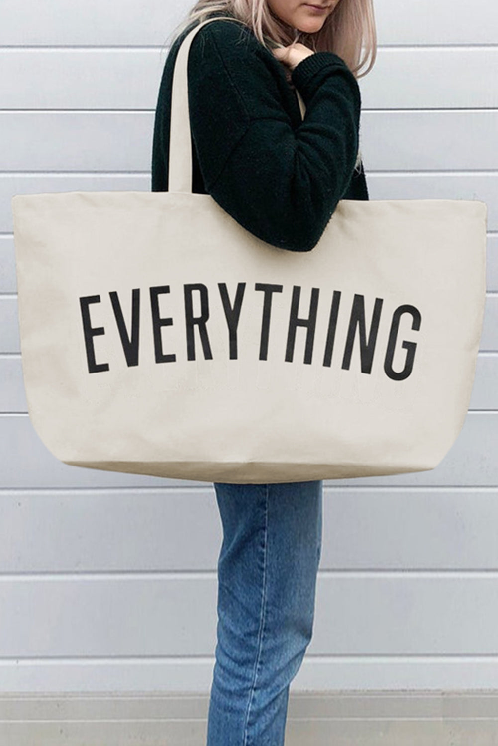 White EVERYTHING Letter Print Large Canvas Tote Bag