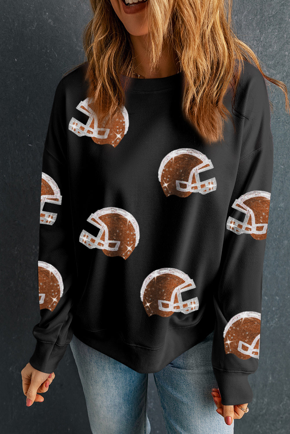 Sequin Baseball Helmet Graphic Round Neck Sweatshirt