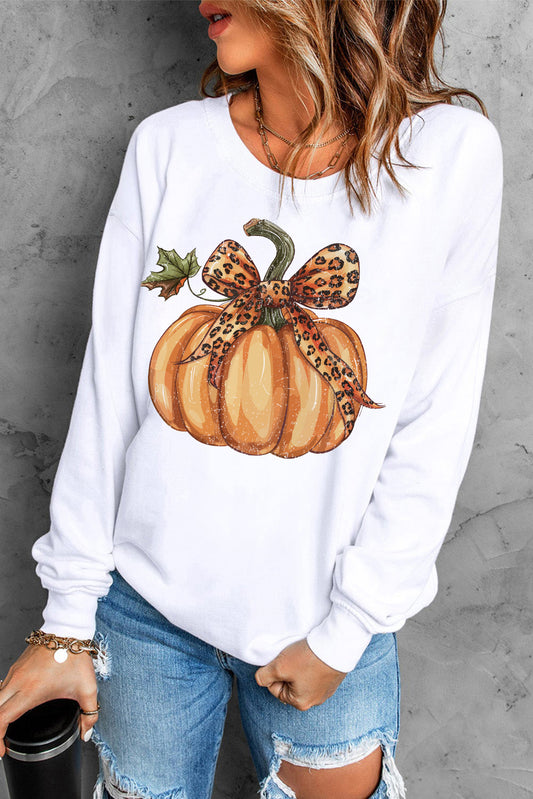 Leopard Bowknot Pumpkin Graphic Crewneck Sweatshirt