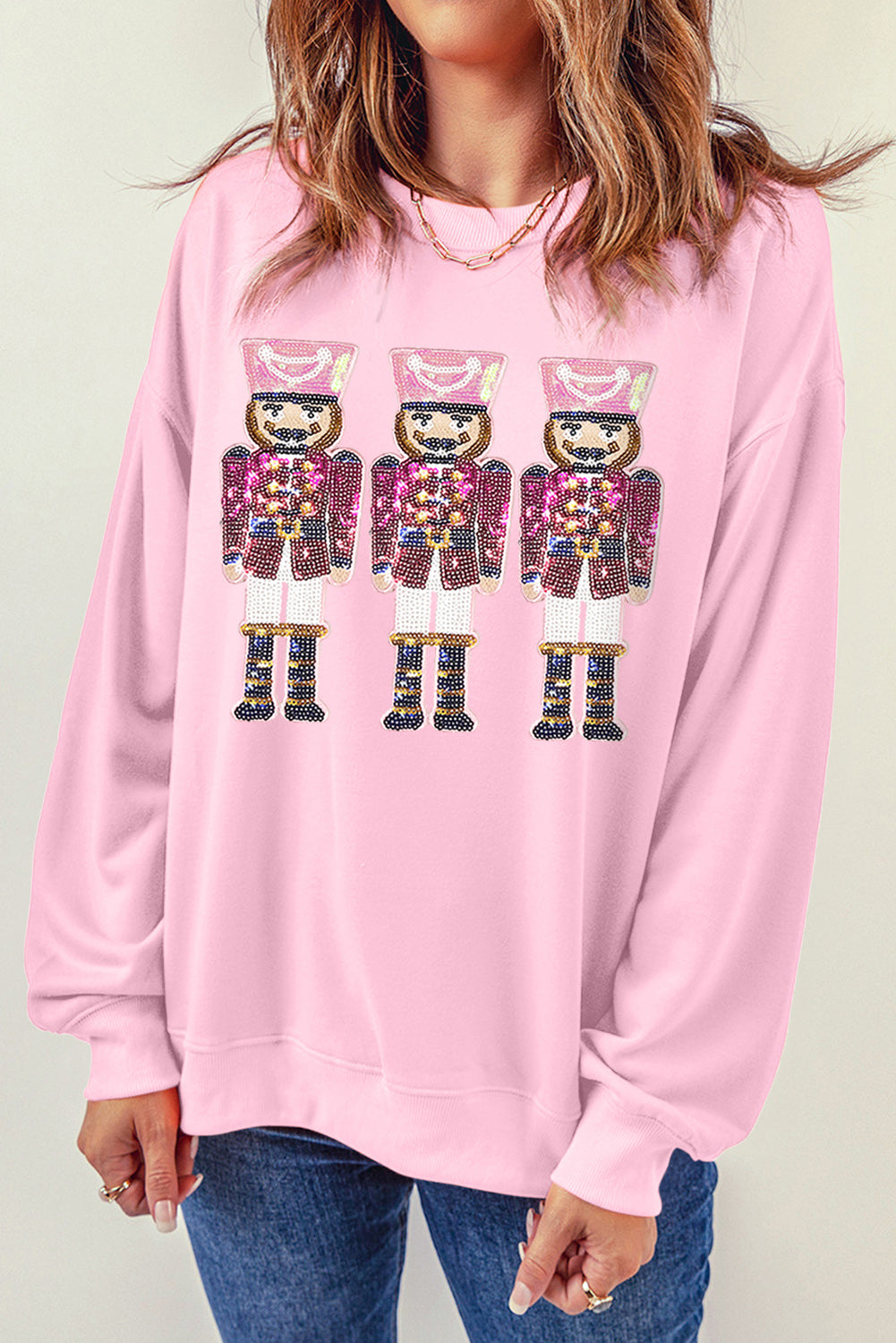 Pink Sequin Christmas Nutcracker Graphic Pullover Sweatshirt