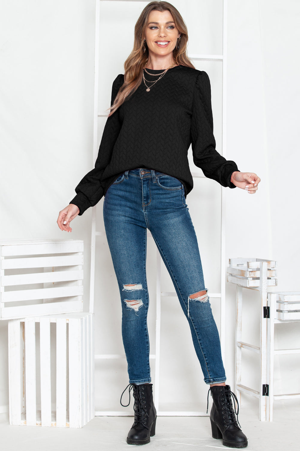 Quilted Puff Sleeve Sweatshirt