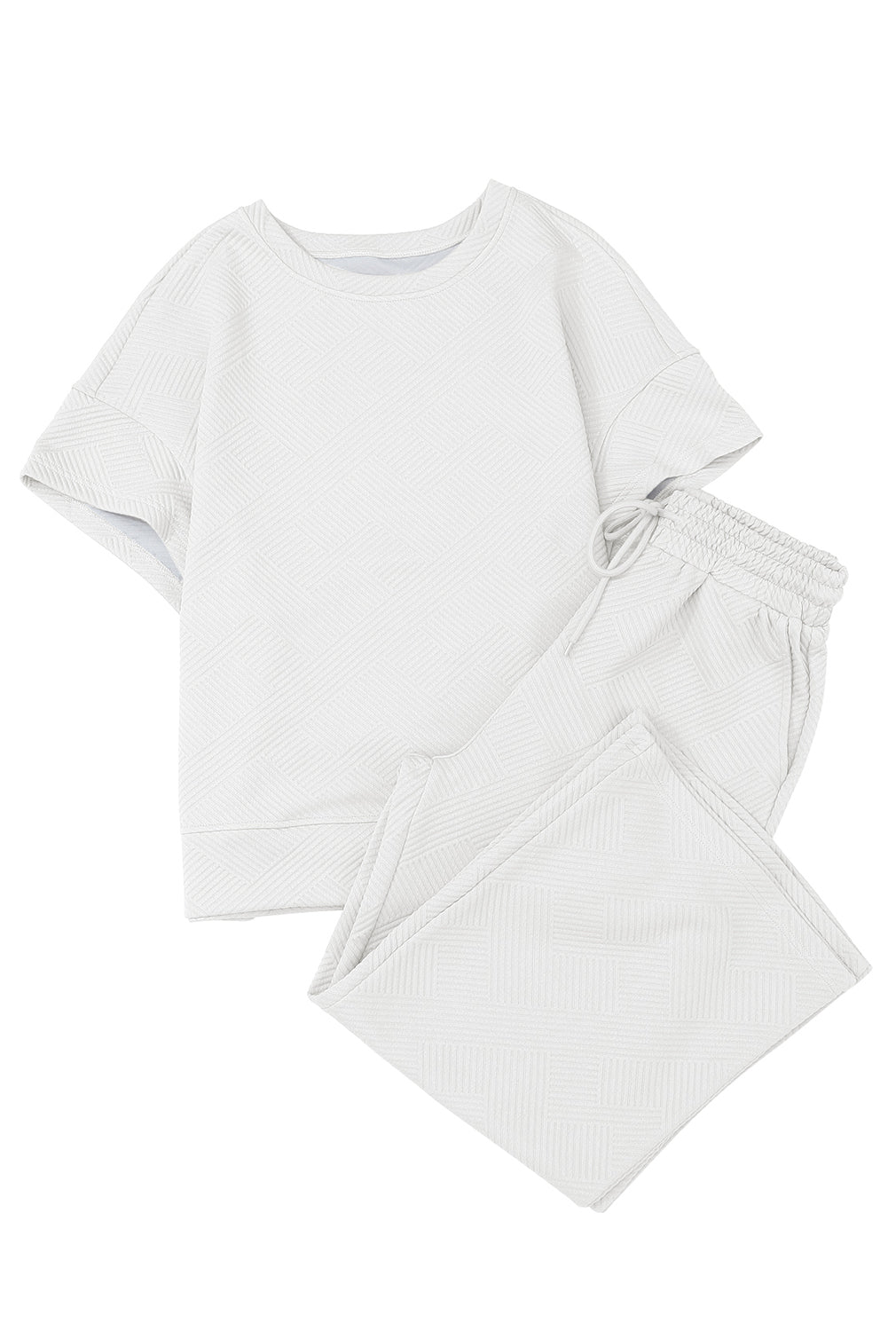 White Textured Long Sleeve Top and Drawstring Shorts Set