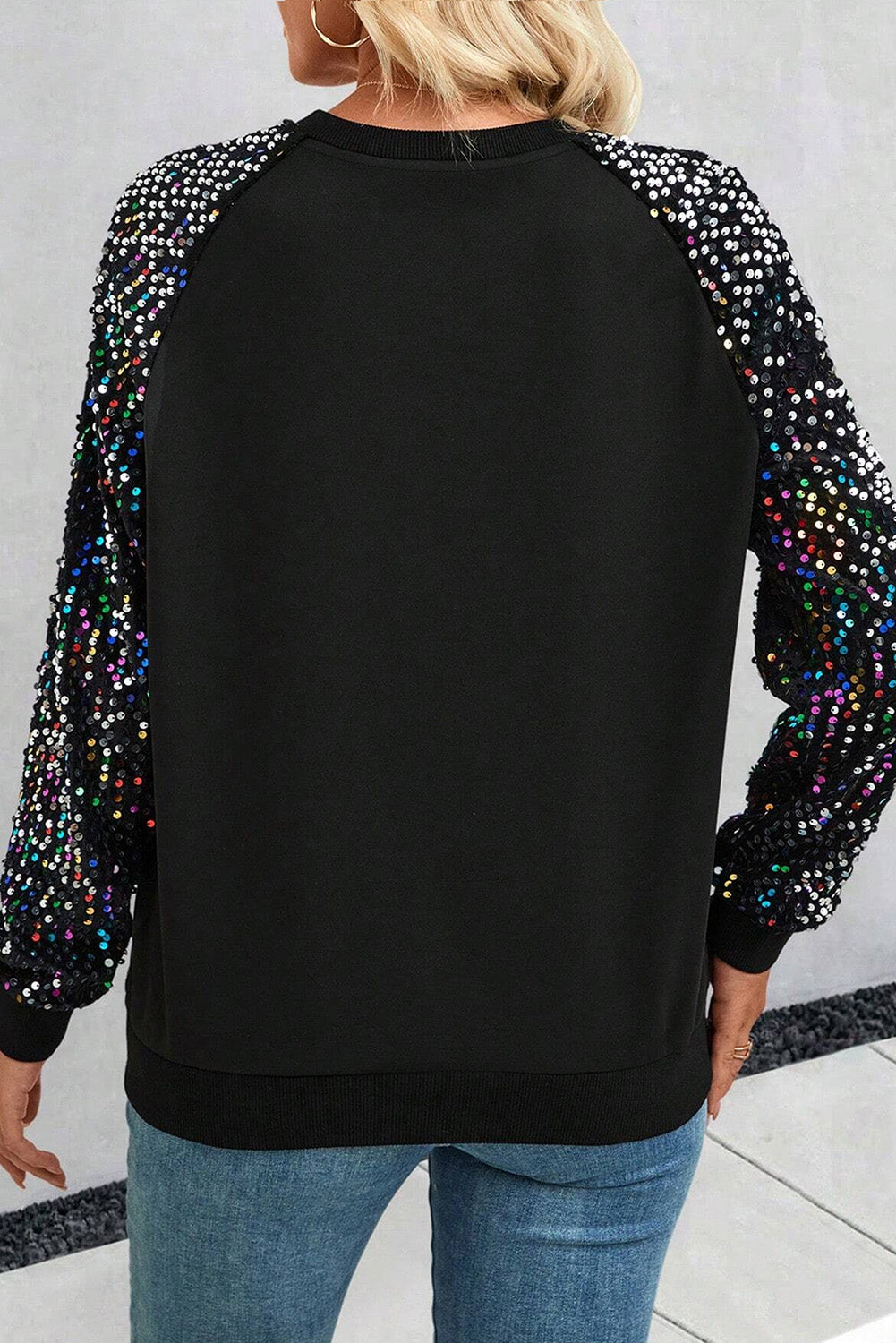 Sequin Raglan Sleeve Crewneck Pullover Sweatshirt