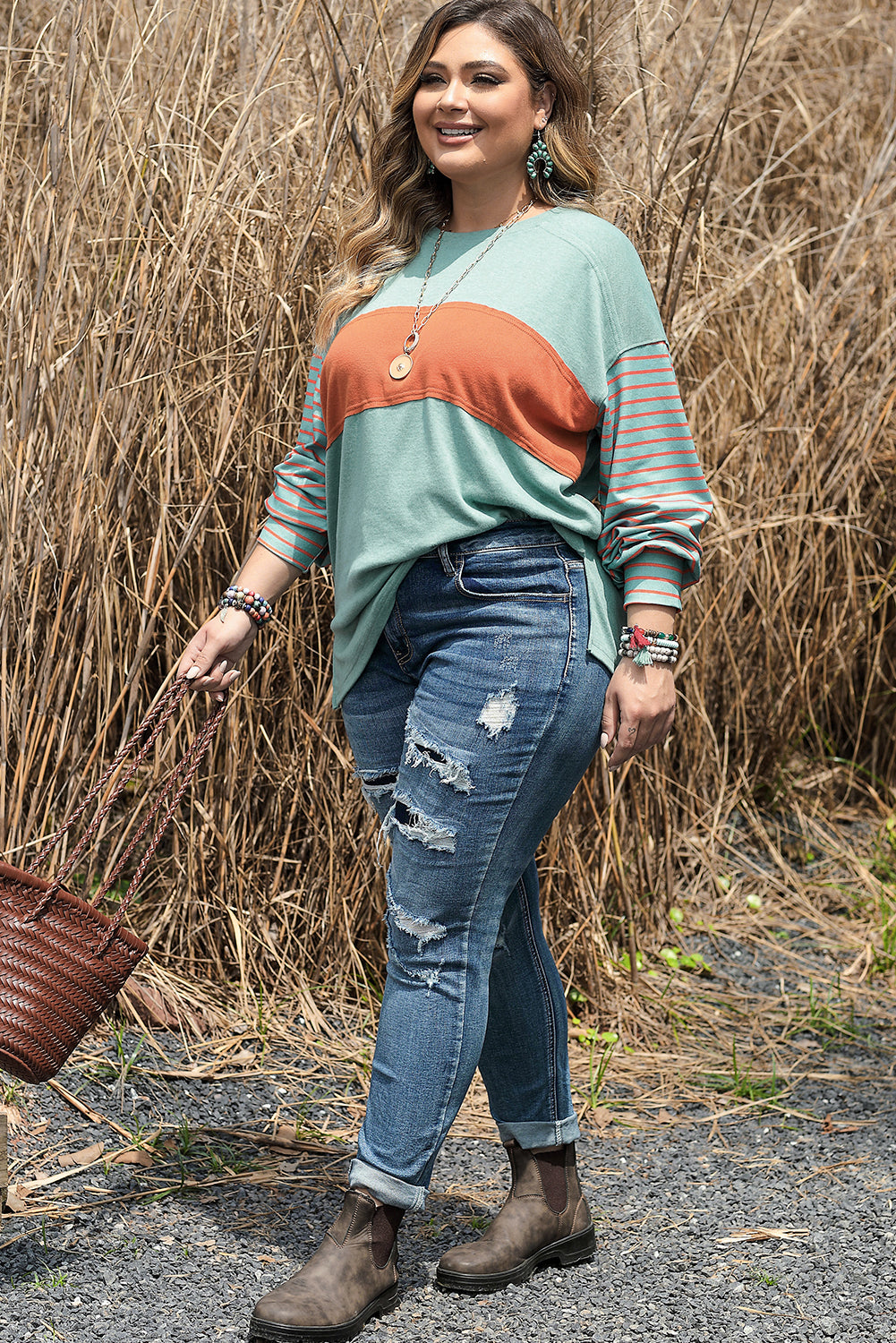 Colorblock Striped Bishop Sleeve Top