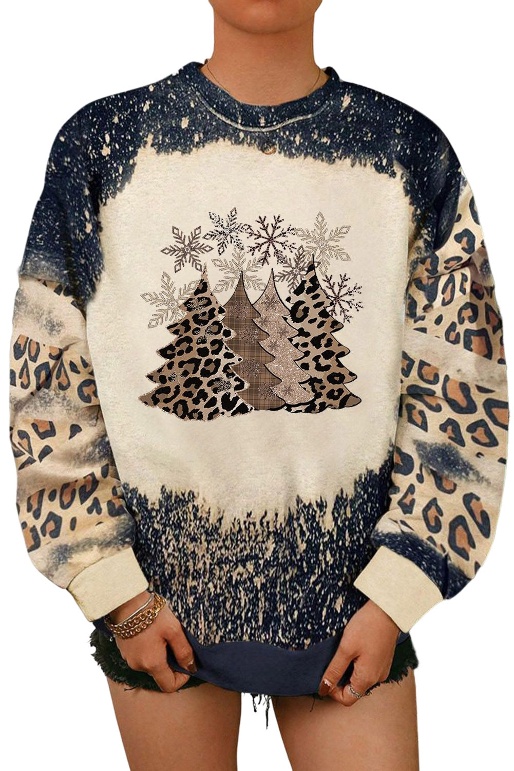 Black Christmas Tree Leopard Color Block Pullover Sweatshirt