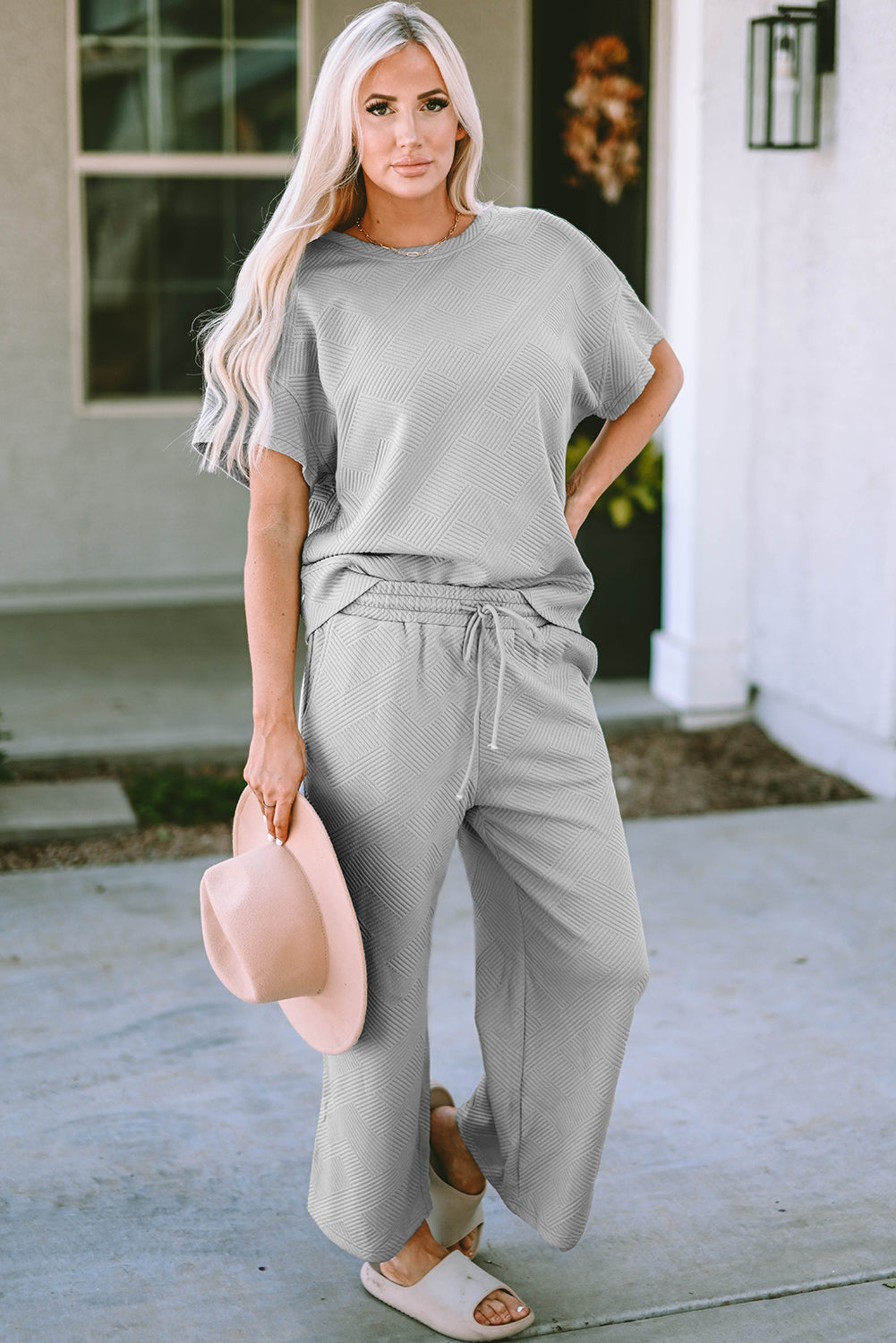 White Textured Long Sleeve Top and Drawstring Shorts Set