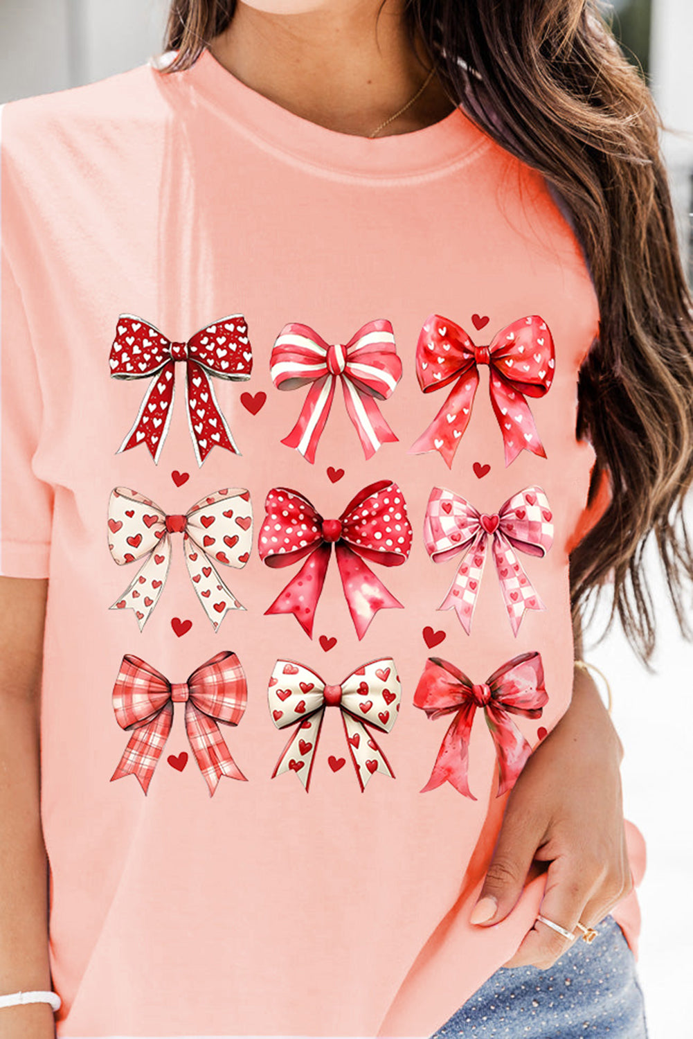 Pink Cute Heart Bow Graphic Round Neck Valentines T Shirt