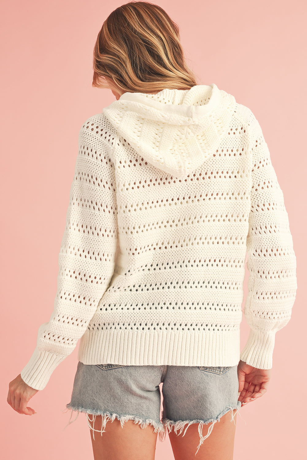 Pointelle Knit Raglan Sleeve Drawstring Hooded Sweater