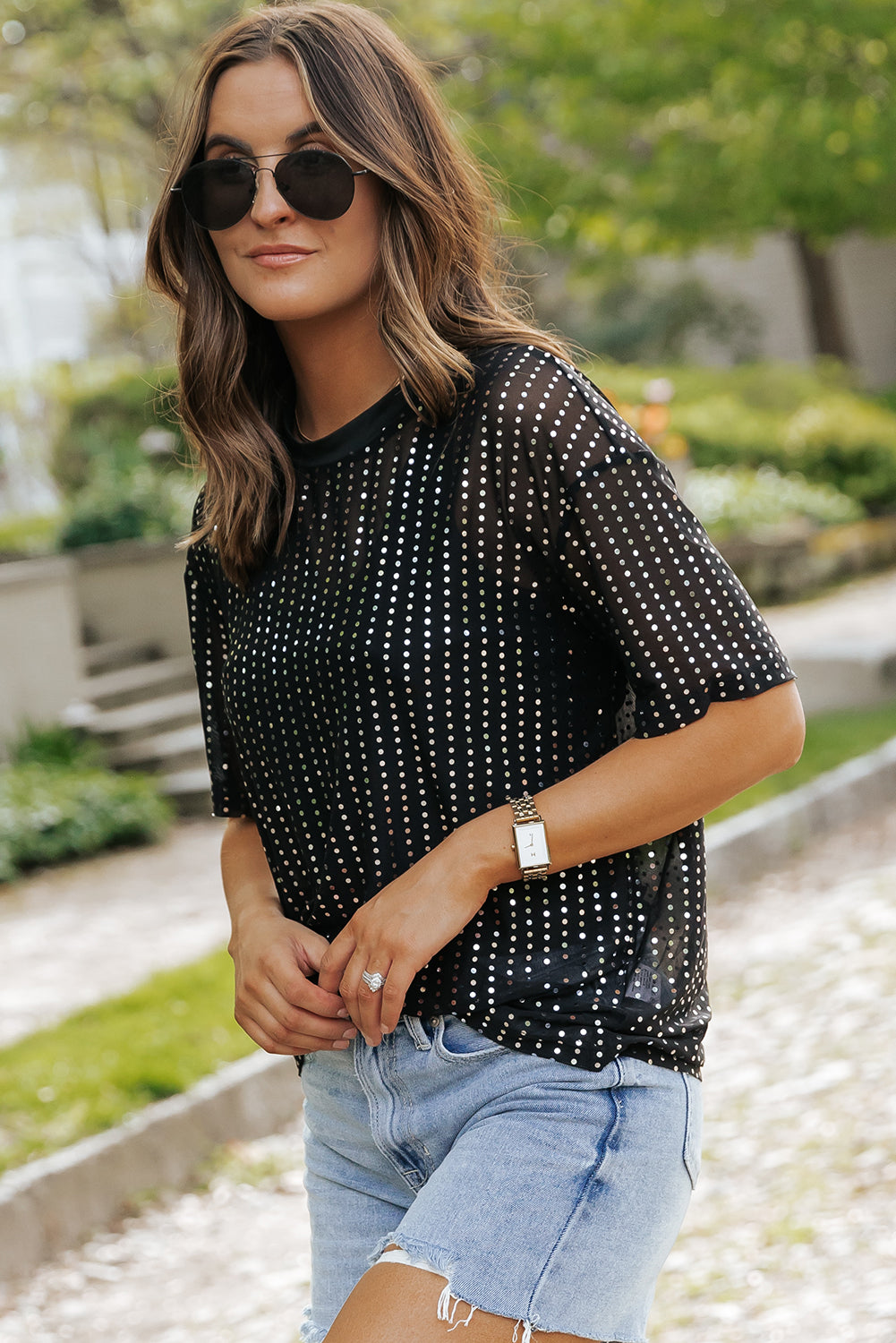 Sequin Drop Shoulder Sheer T-shirt