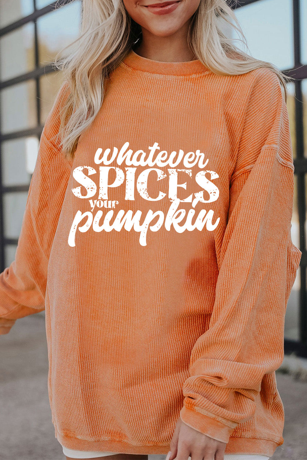 Crinkle Rib Whatever Spices Your Pumpkin Graphic Sweatshirt