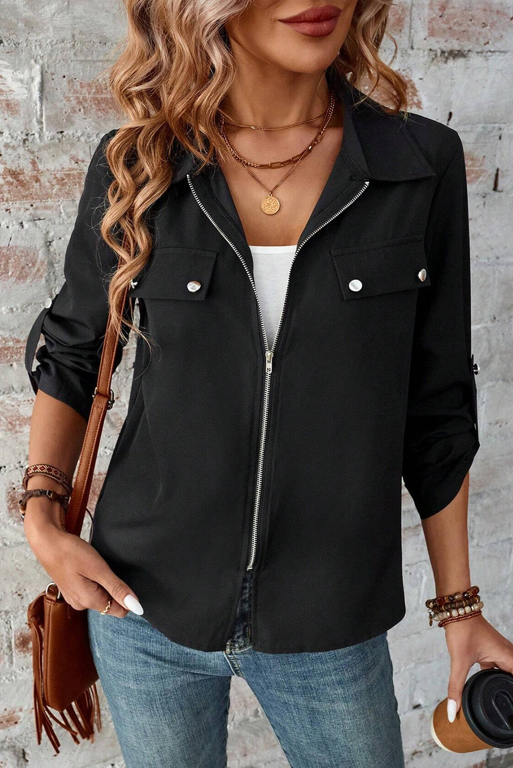 Collar Tab Sleeve Zip Up Jacket