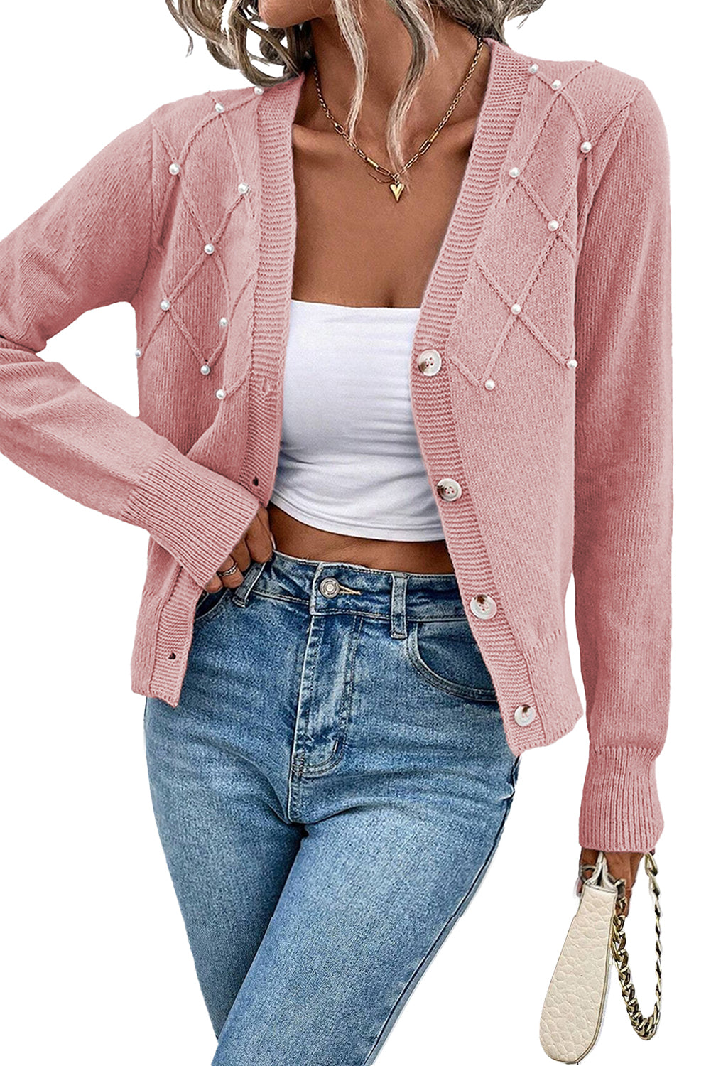 Pearl Beaded Button Up Knit Cardigan