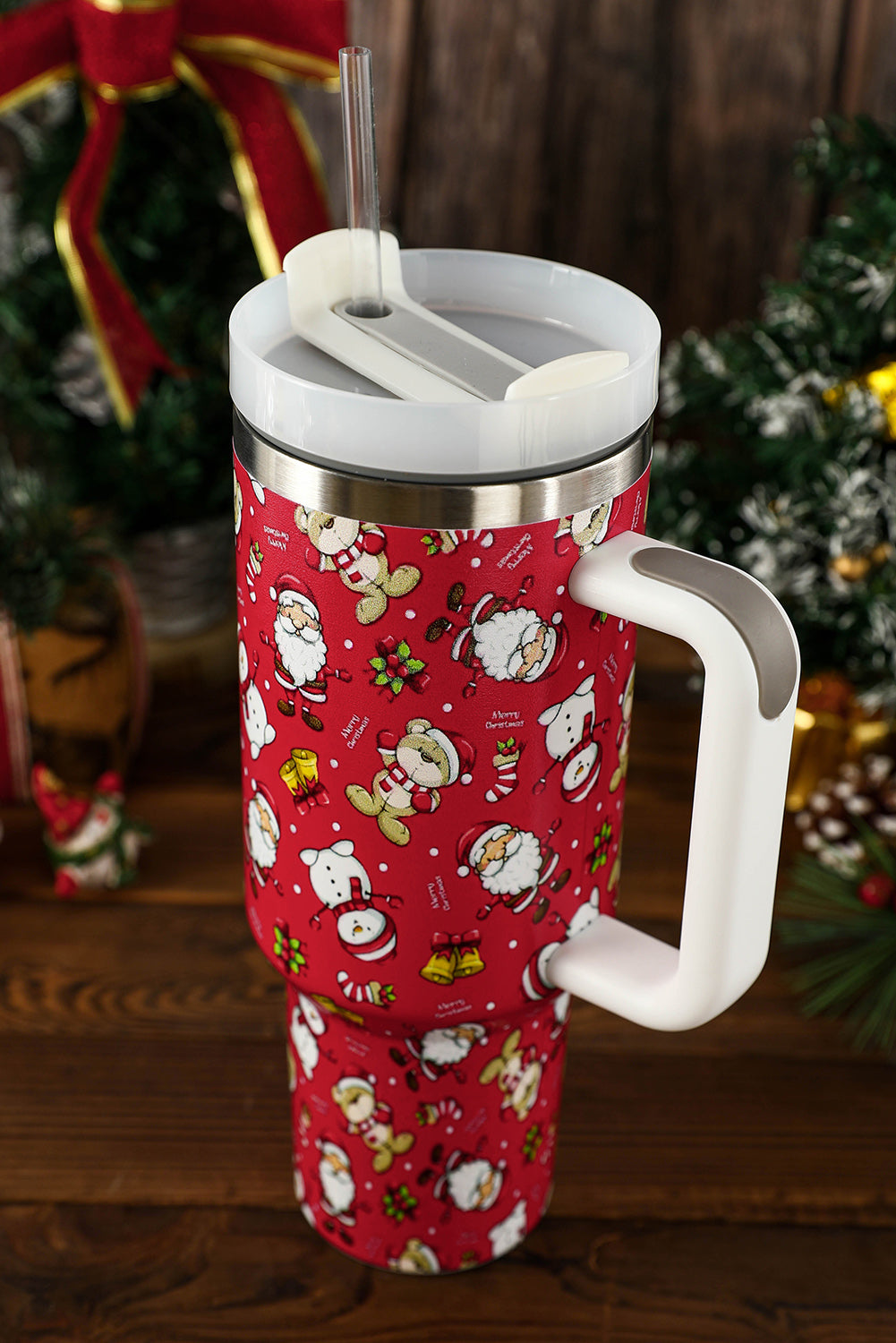 Fiery Red Christmas Pattern Print Handled Stainless Steel Tumblers