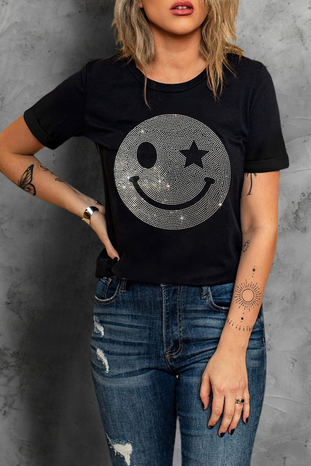 Sparkle Rhinestone Smiley Face Graphic T Shirt