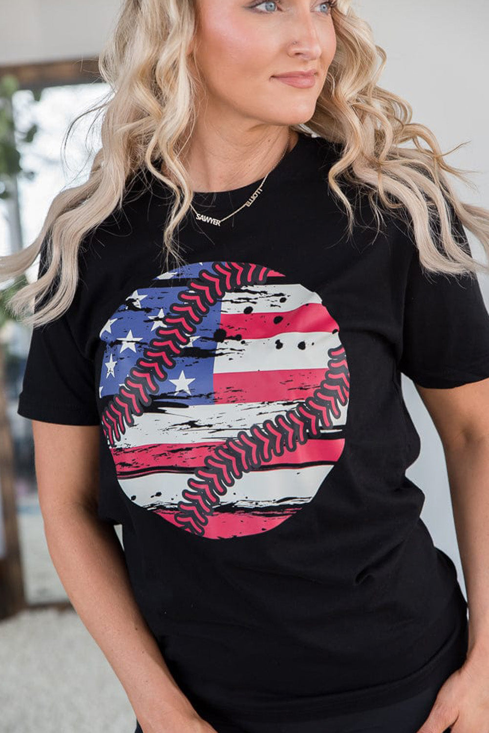 Black American Flag Baseball Graphic Crew Neck Tee