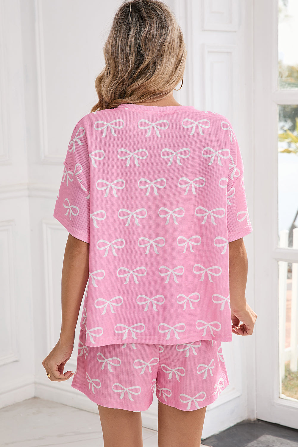 Pink Waffle Knit Bowknot Printed V Neck T Shirt And Shorts Set