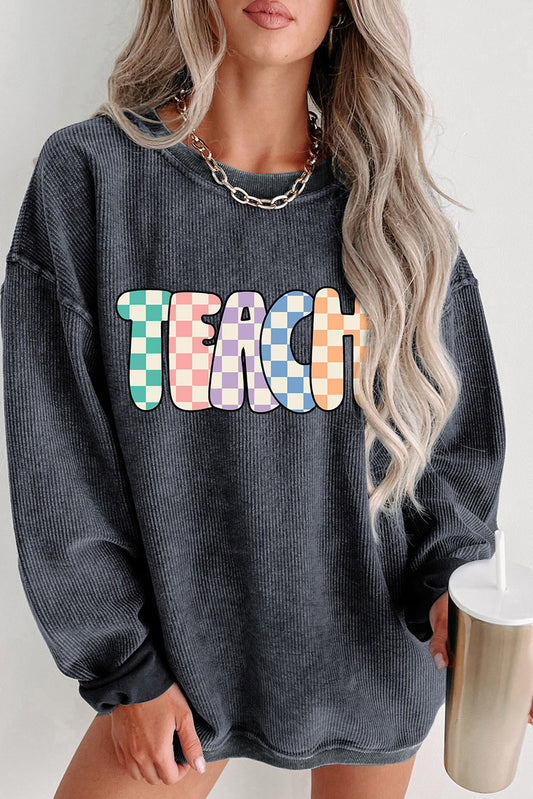 Gray Checkerboard TEACH Graphic Corded Crew Neck Sweatshirt