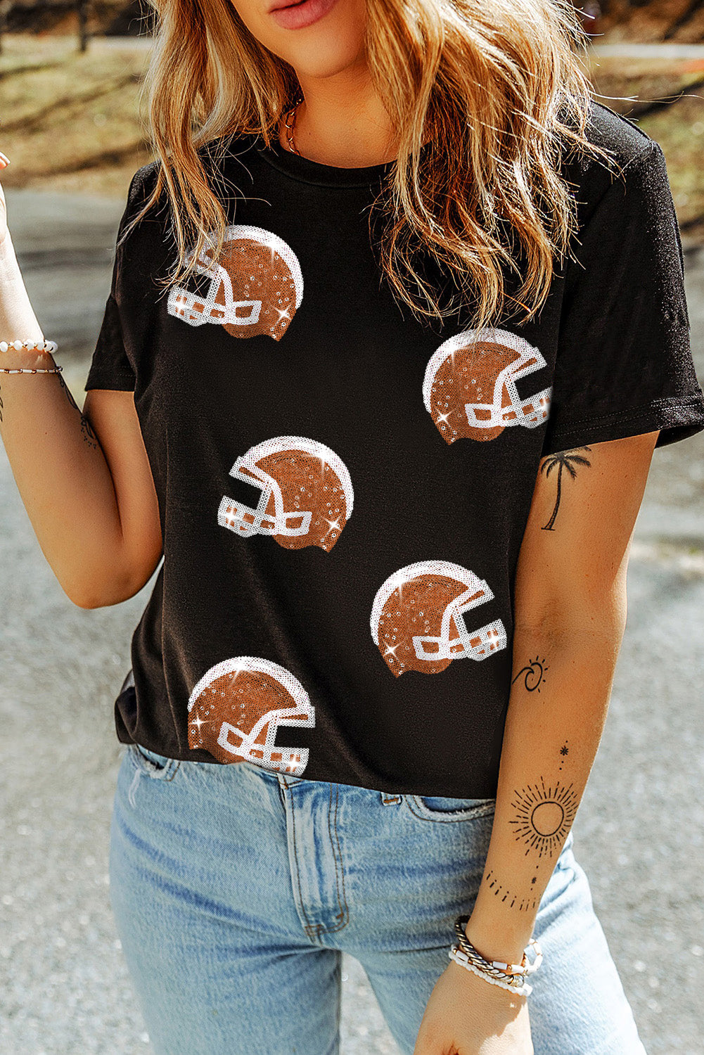 Sequin Baseball Helmet Graphic Crewneck T Shirt