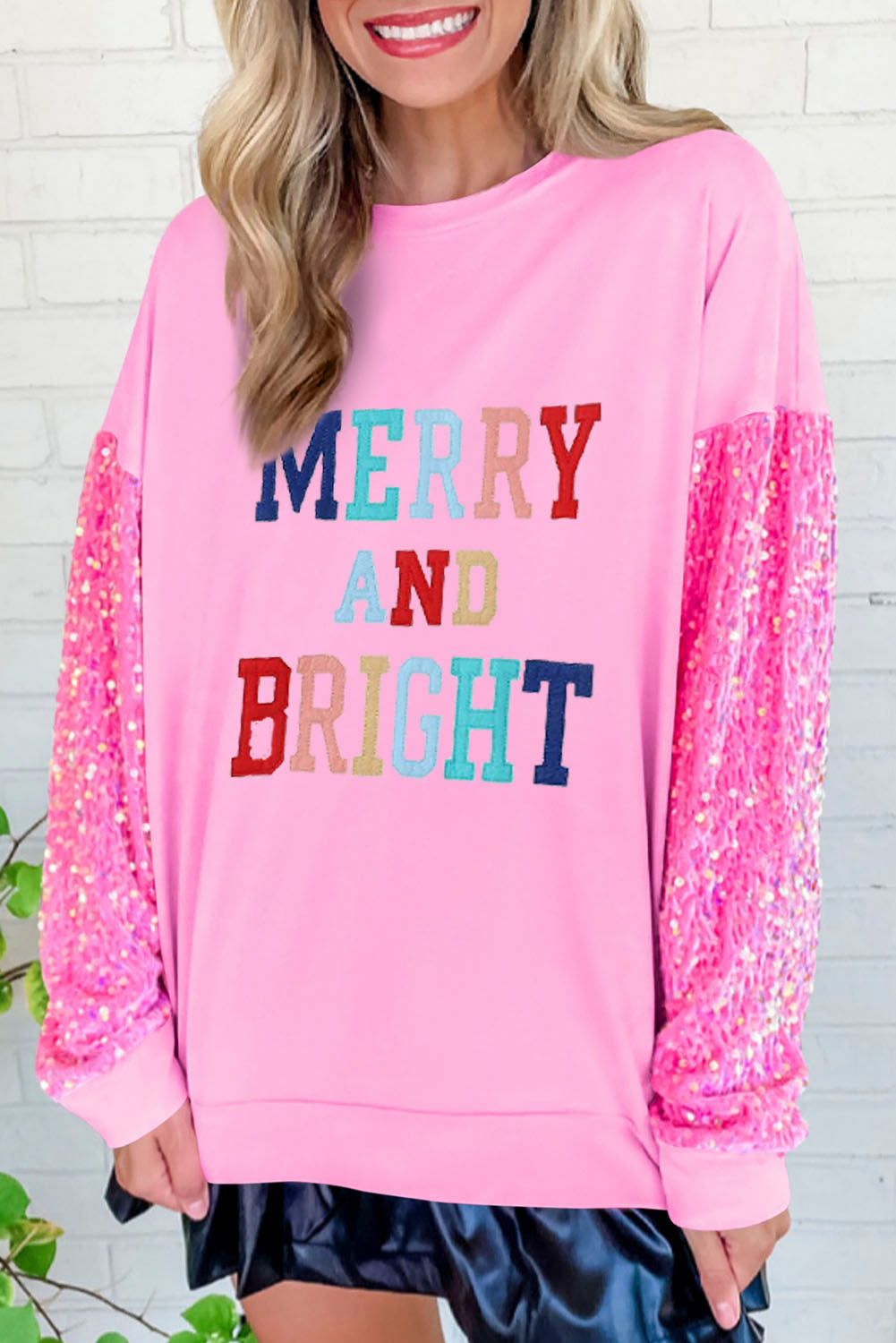Pink MERRY Christmas Graphic Sequined Sleeve Plus Sweatshirt