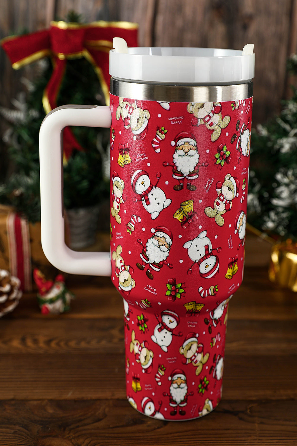 Fiery Red Christmas Pattern Print Handled Stainless Steel Tumblers