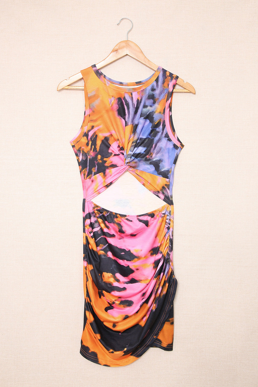 Tie-dye Print Hollow Out Twist Bodycon Mini Dress