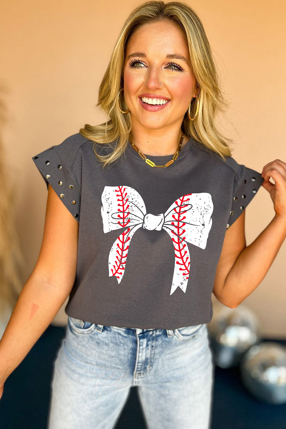 Dark Grey Baseball Bow Knot Graphic Studded Sleeve T Shirt