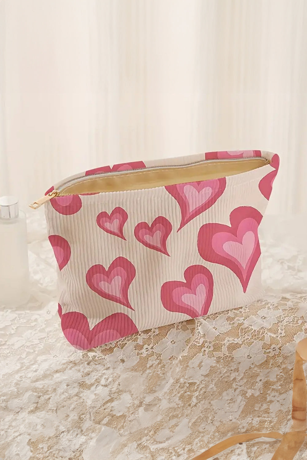 White Heart Pattern Corduroy Makeup Bag