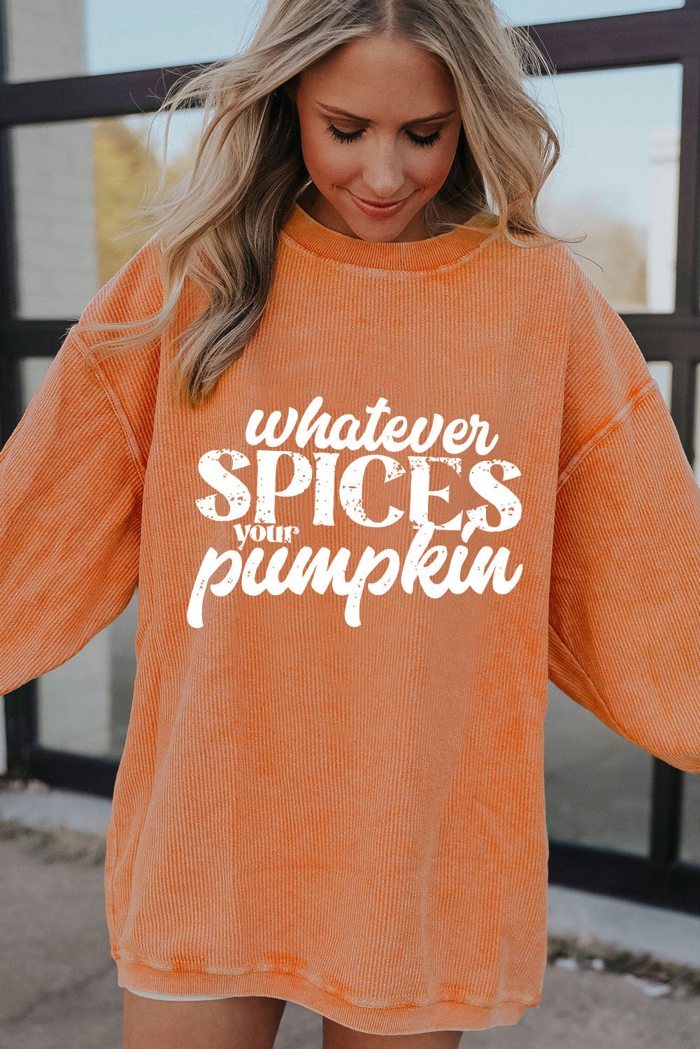 Crinkle Rib Whatever Spices Your Pumpkin Graphic Sweatshirt