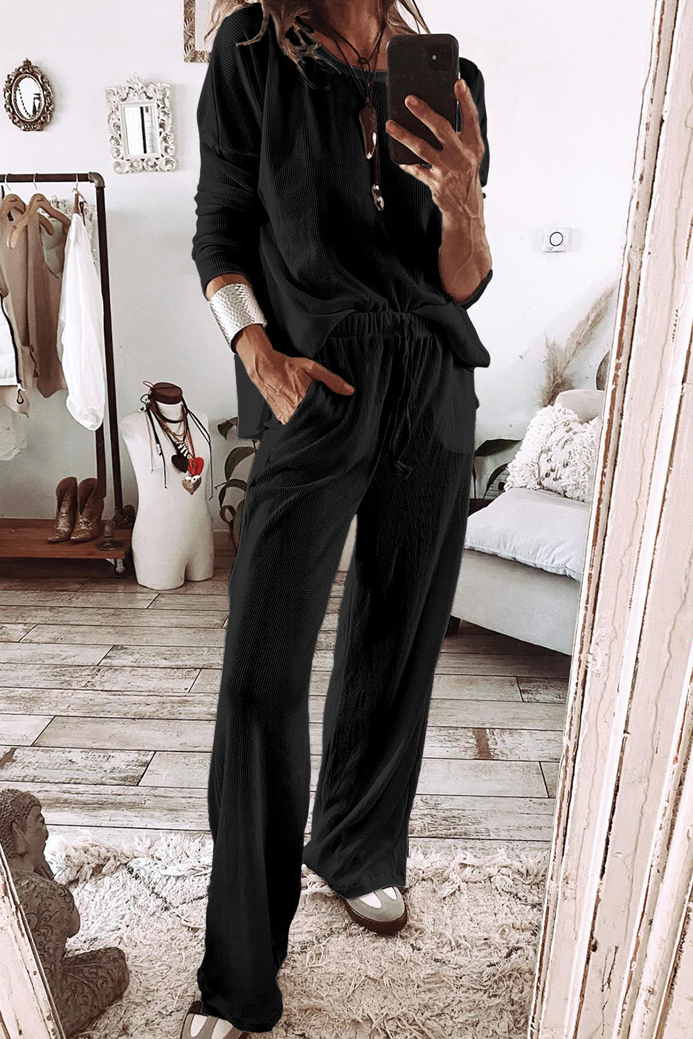 Textured Long Sleeve Top and Pants Lounge Set