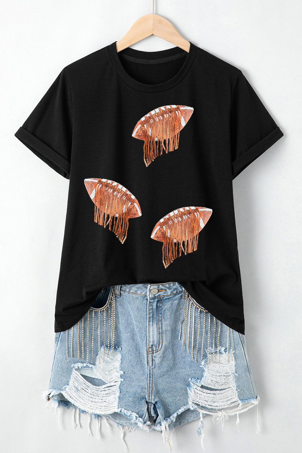 Sequin Fringed Rugby Graphic T Shirt