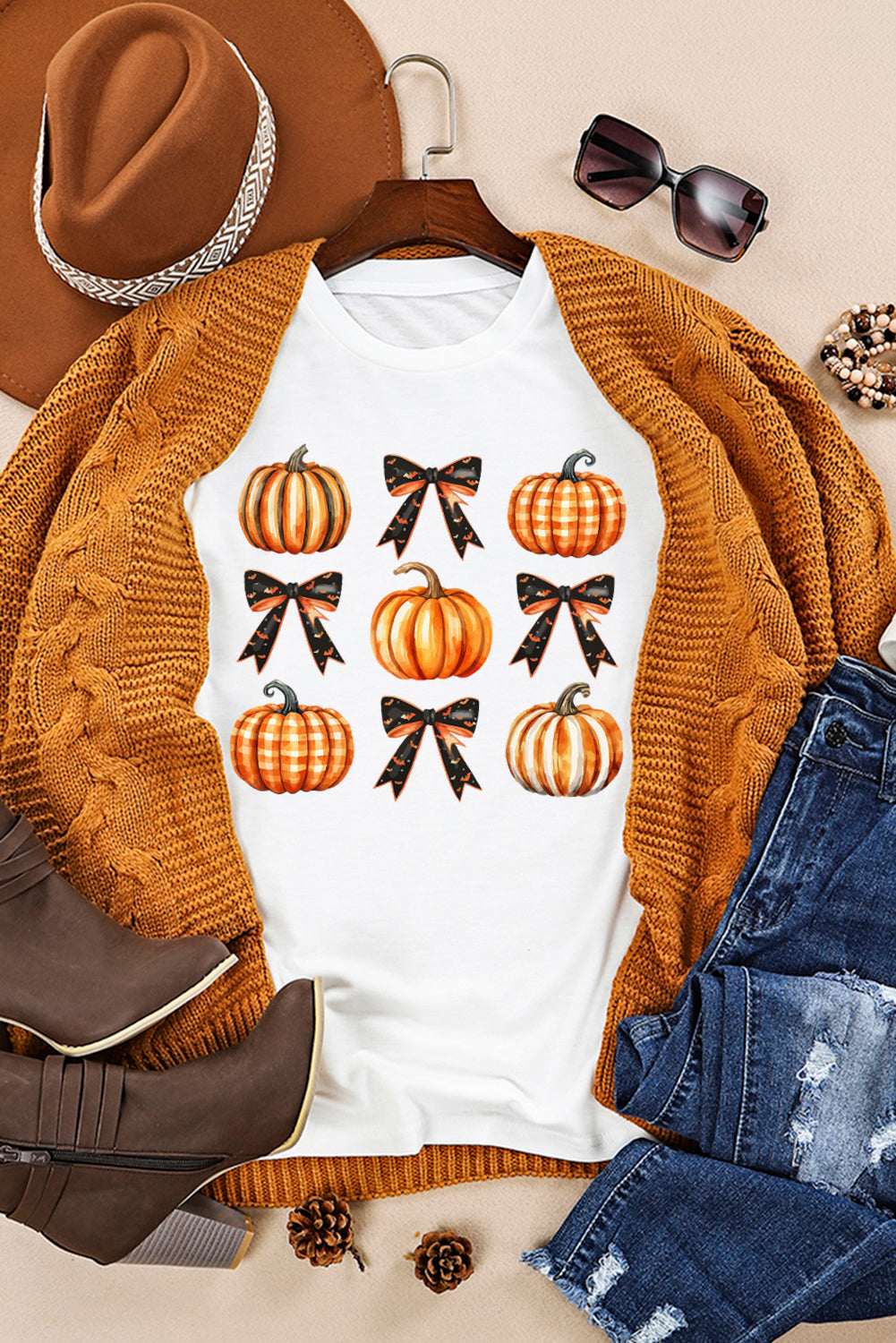 Halloween Pumpkin Bow Knot Graphic Crew Neck Tee