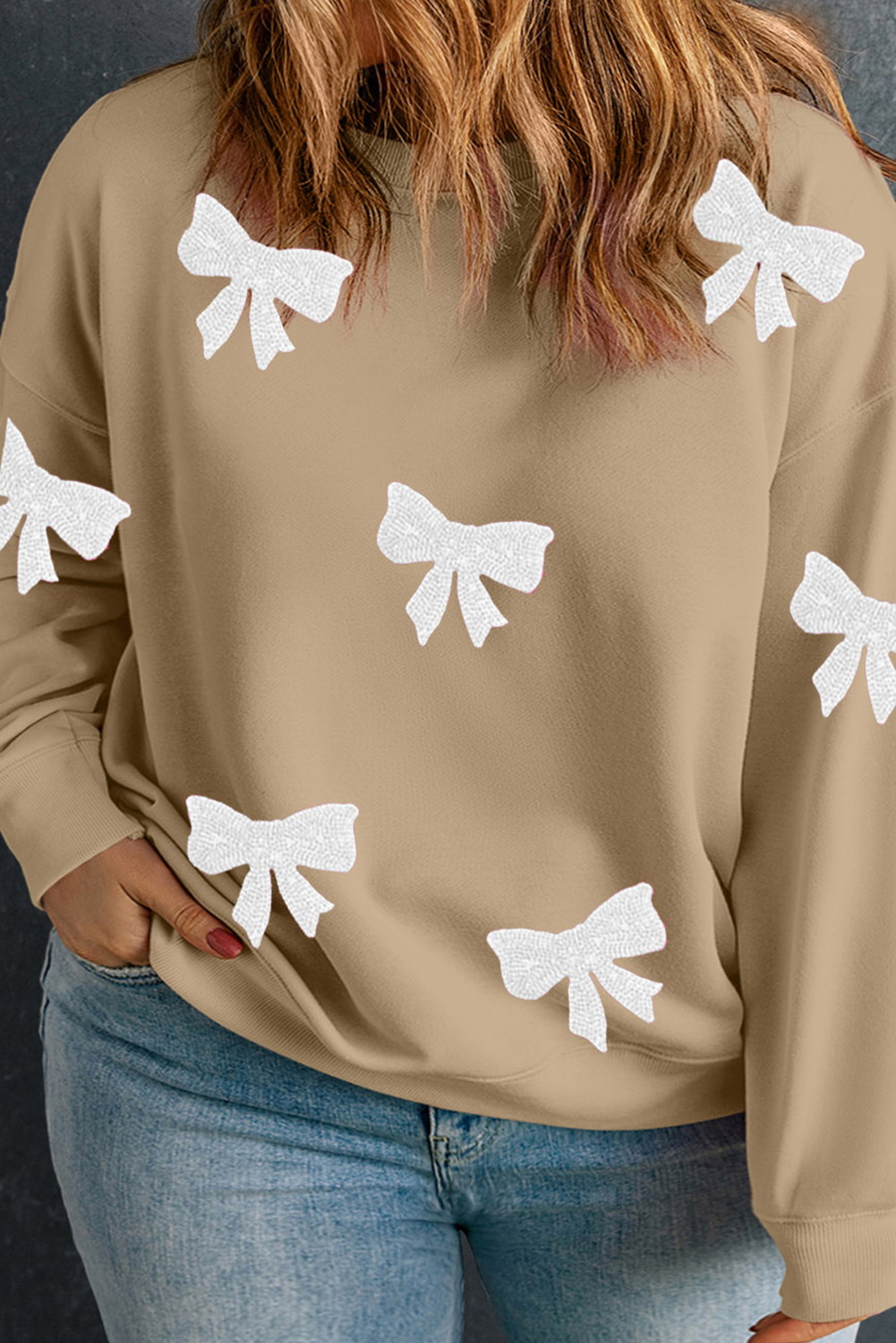 Bow Pattern Drop Shoulder Crewneck Sweatshirt