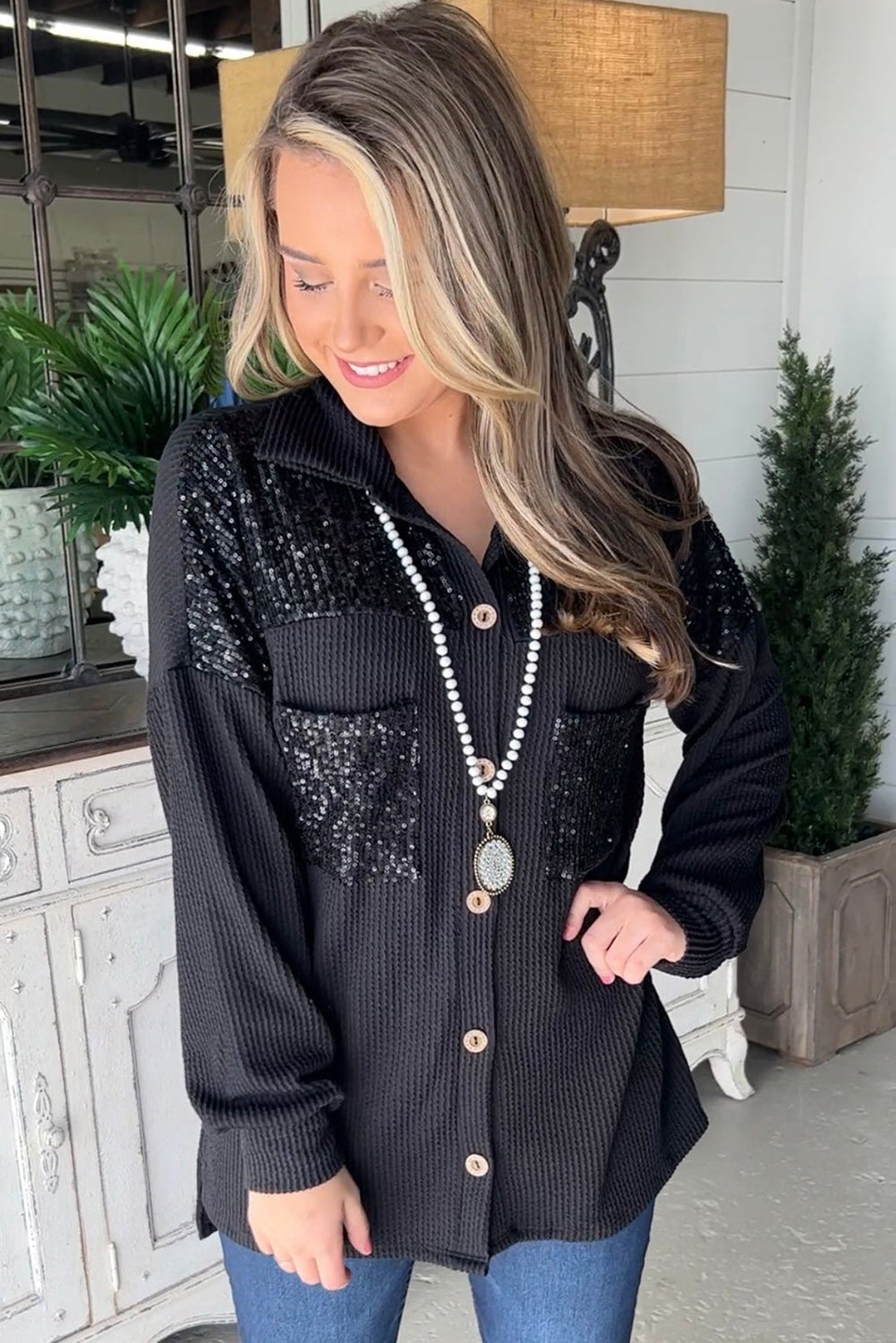 Sequin Patch Chest Pocket Corded Shacket