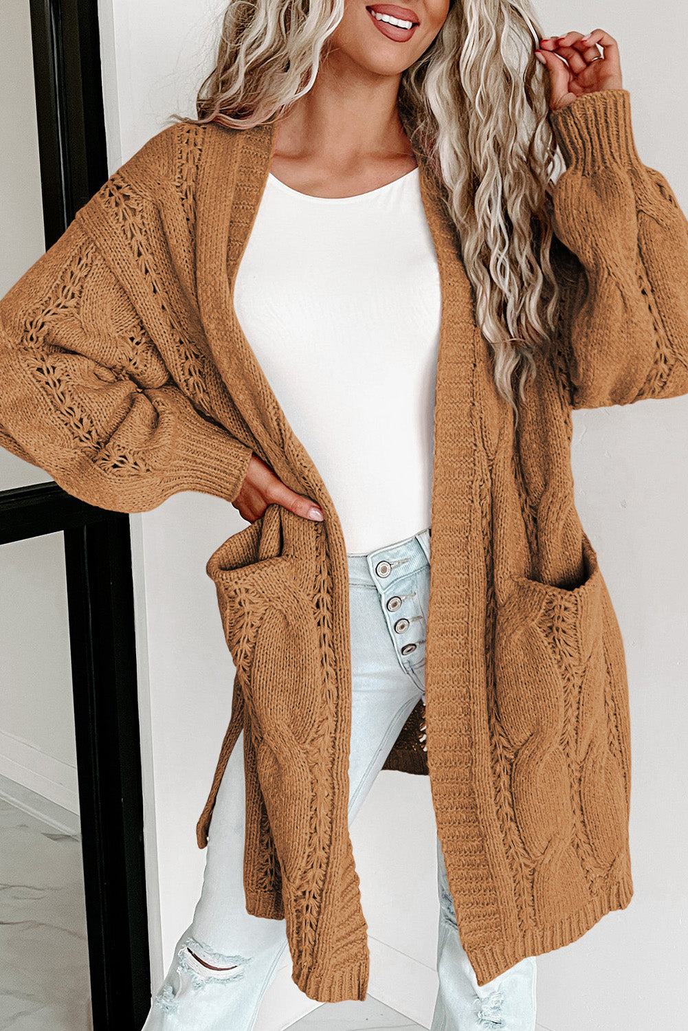 Ribbed Trim Eyelet Cable Knit Cardigan