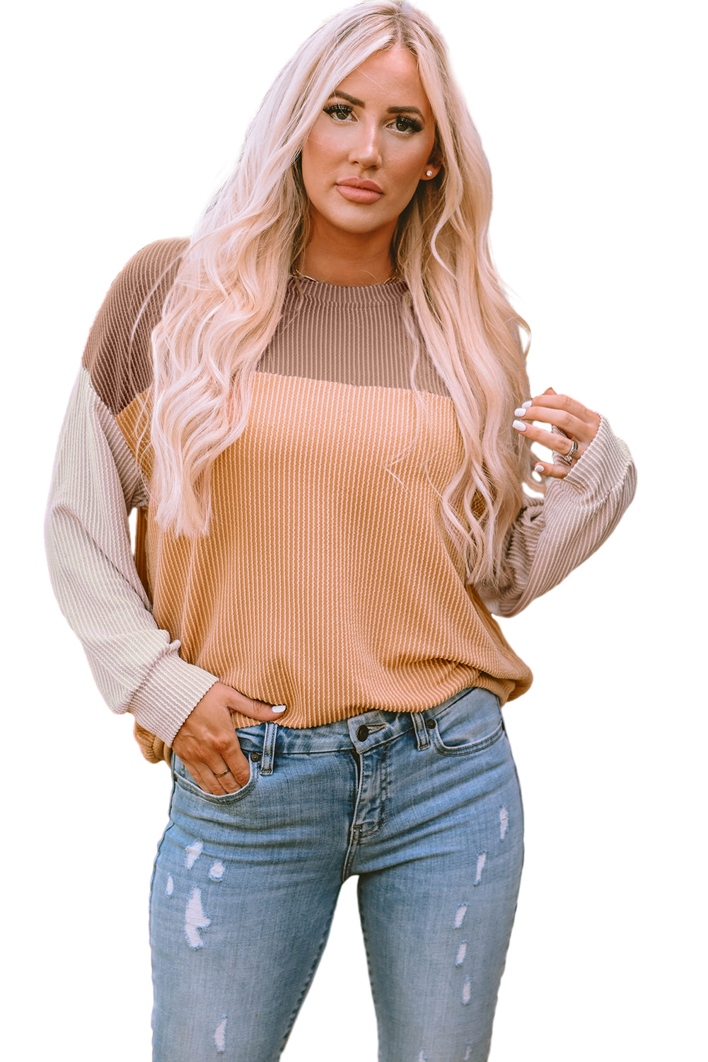 Green Color Block Long Sleeve Ribbed Loose Top