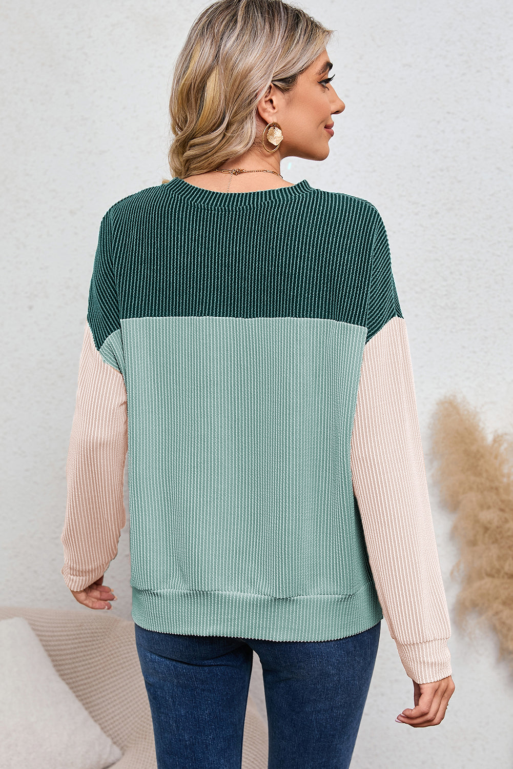 Ribbed Color Block Long Sleeve Top