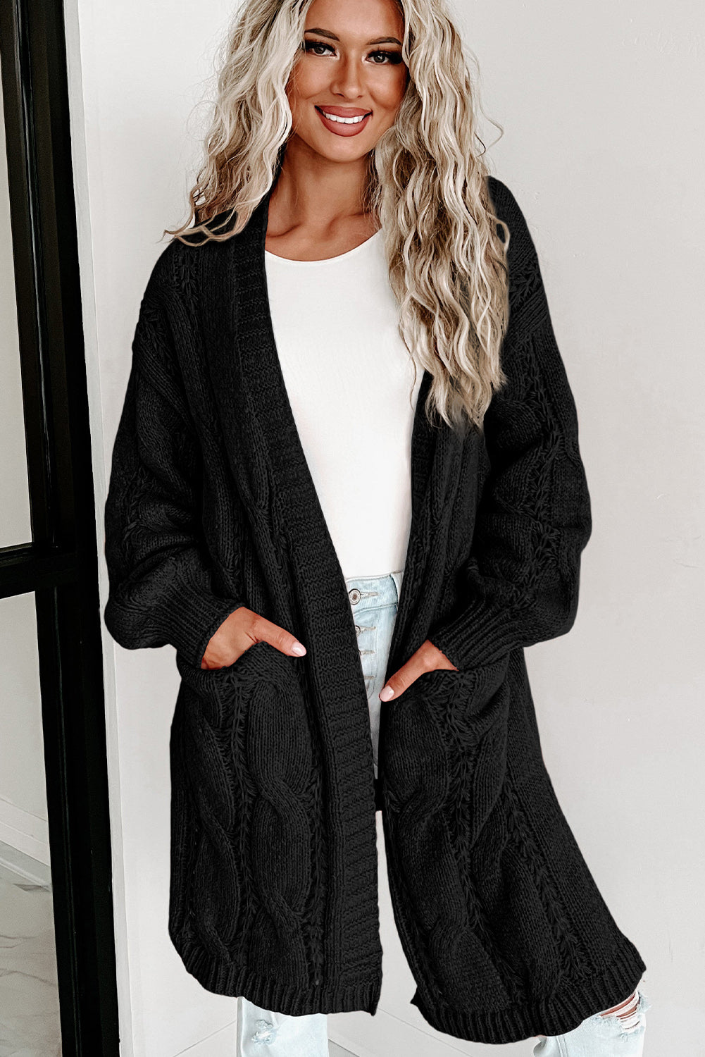 Ribbed Trim Eyelet Cable Knit Cardigan