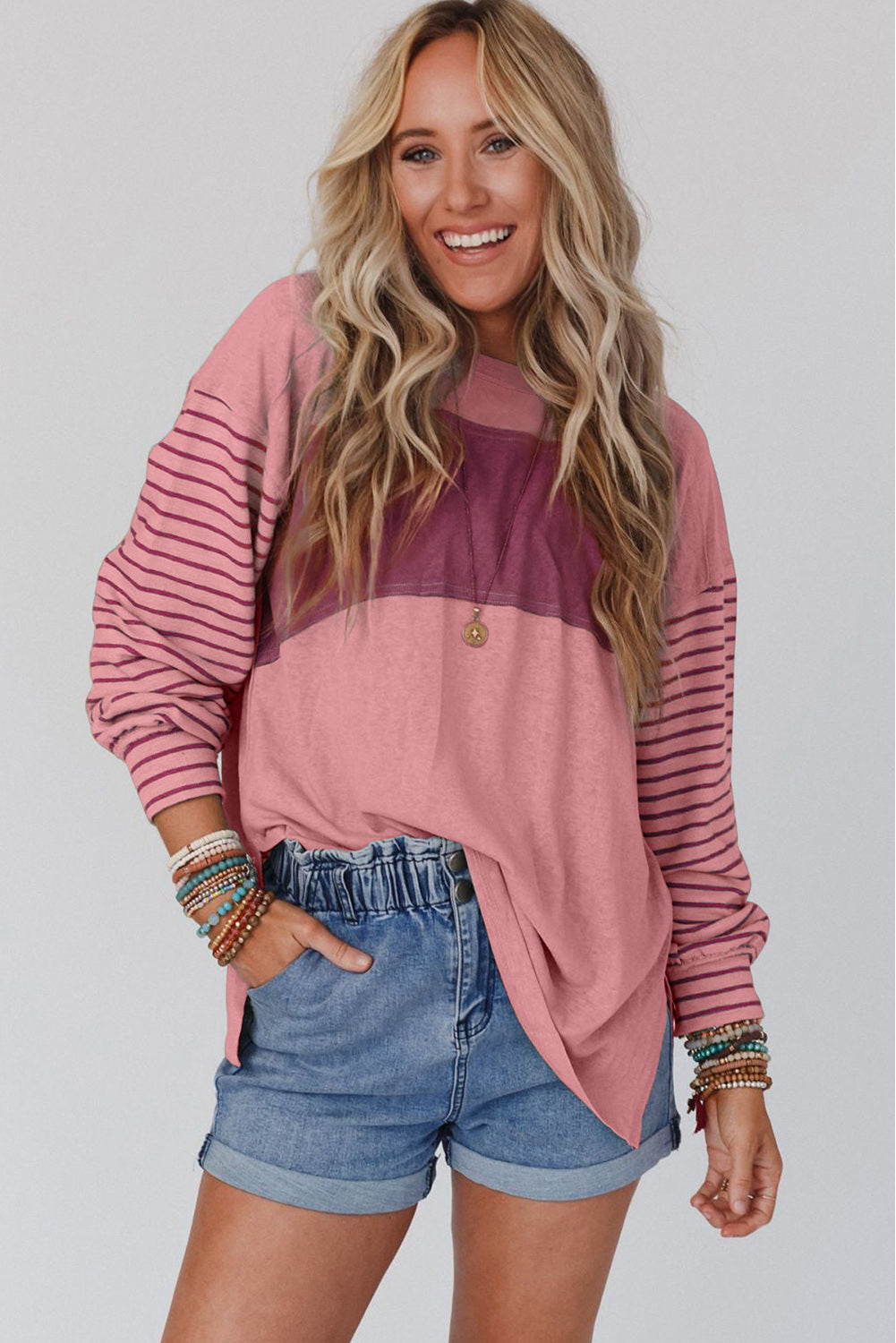 Colorblock Striped Bishop Sleeve Top