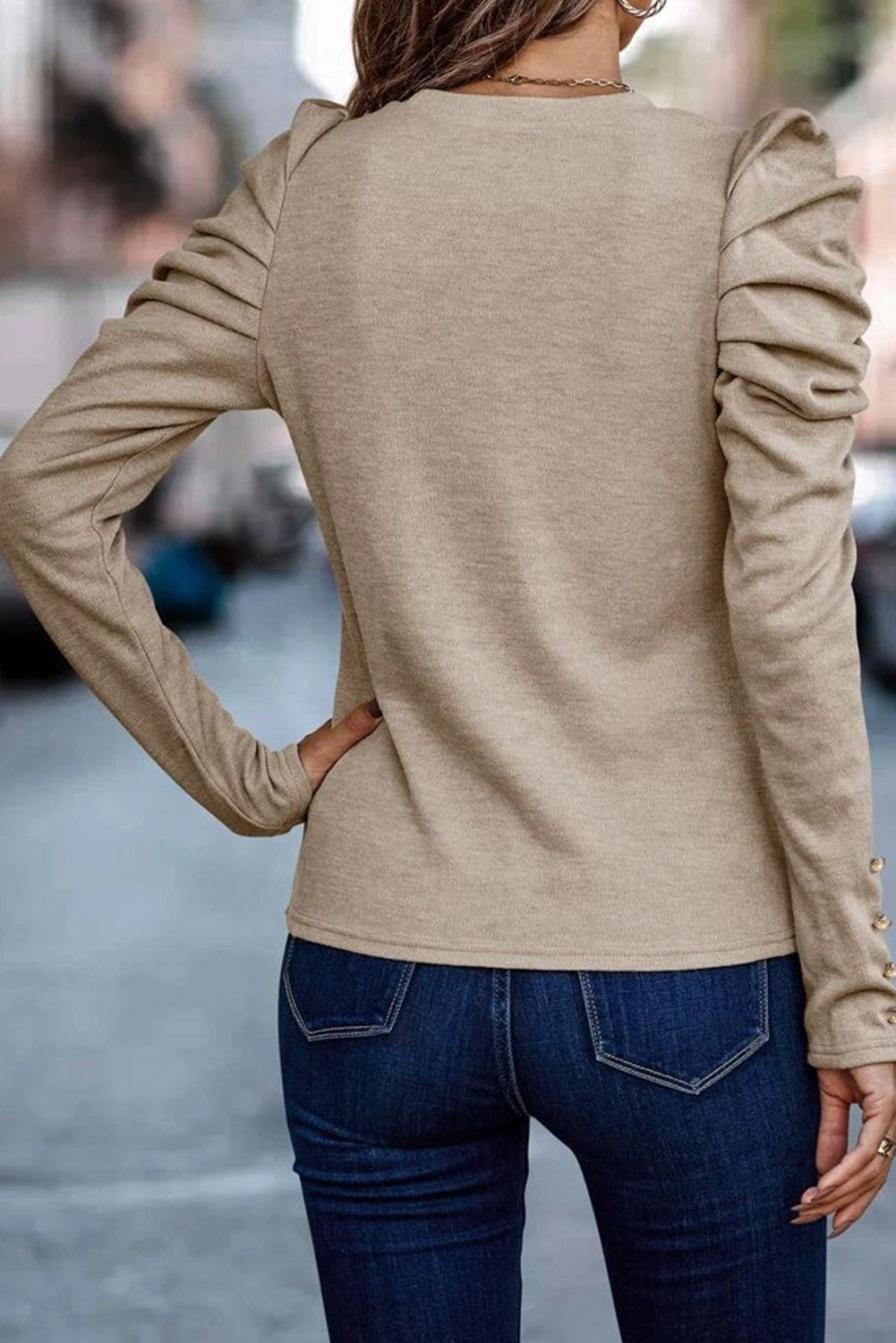 Plain Buttoned Puff Long Sleeve Sheath Top