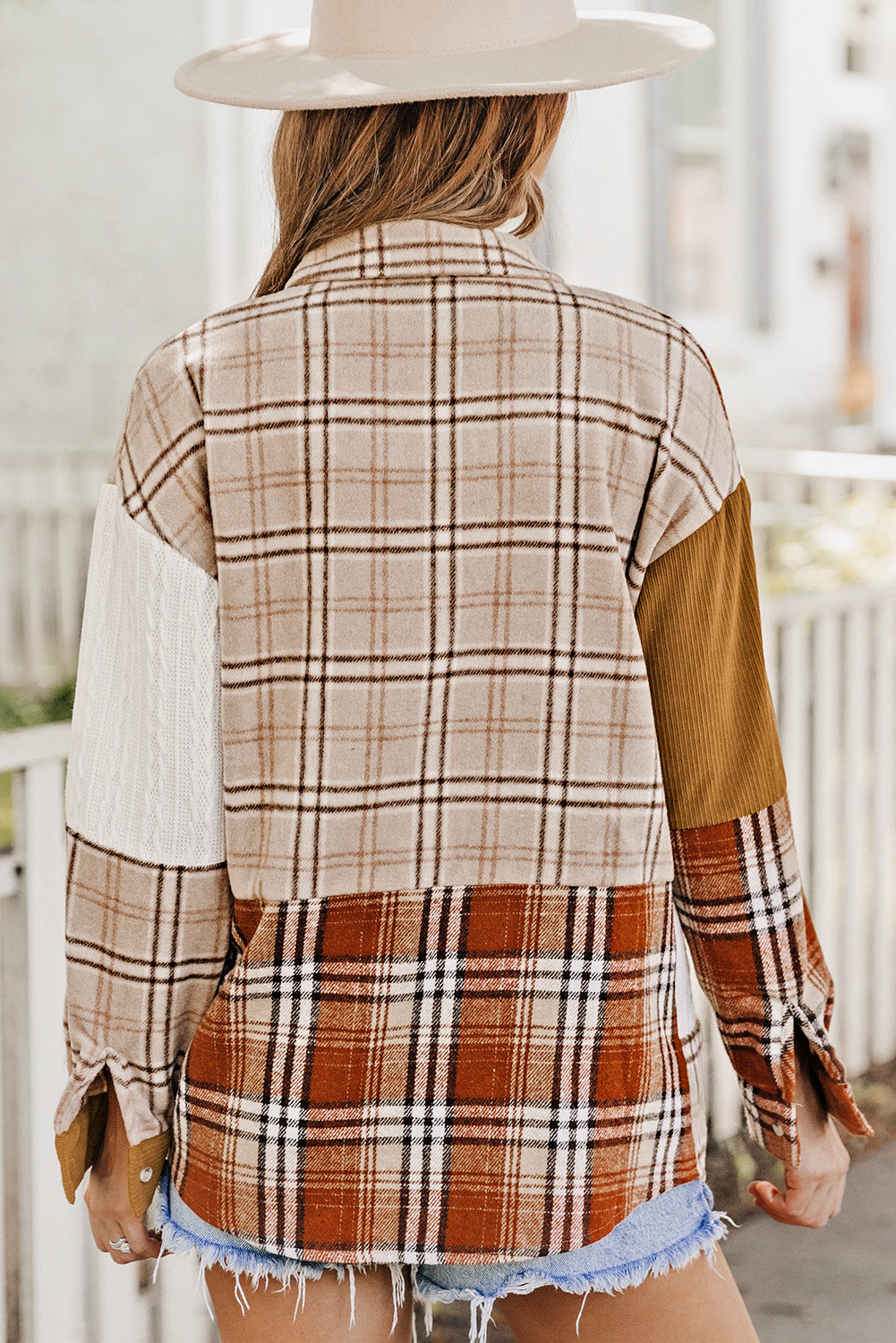 Brick Plus Size Plaid Patchwork Button up Shacket