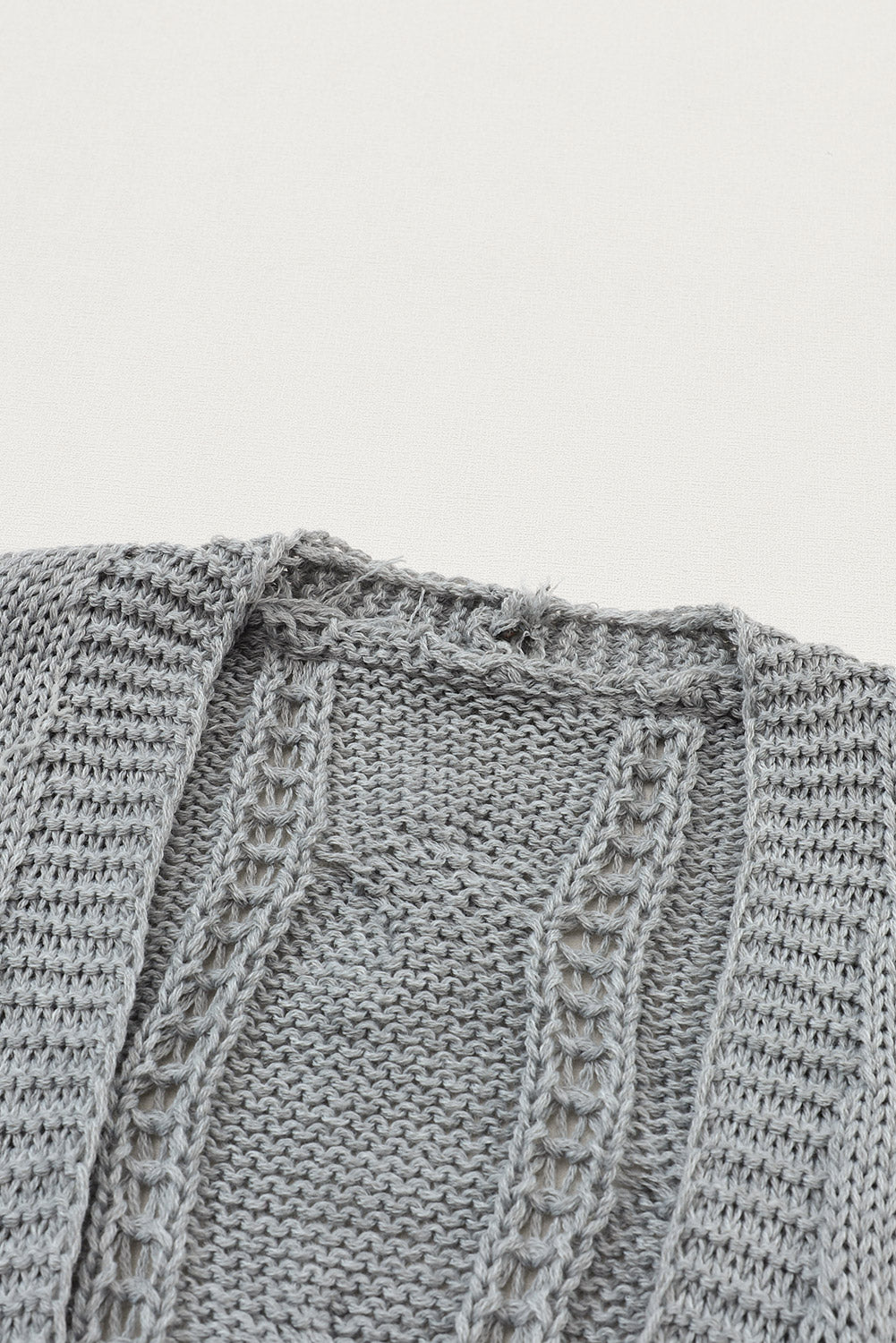 Gray Ribbed Trim Eyelet Cable Knit Cardigan