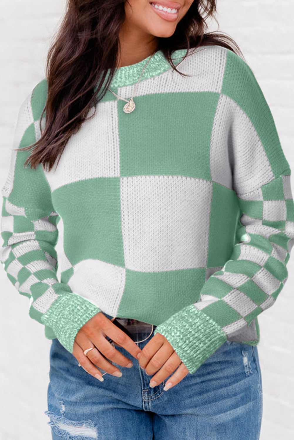 Plaid Knitted Drop Shoulder Sweater