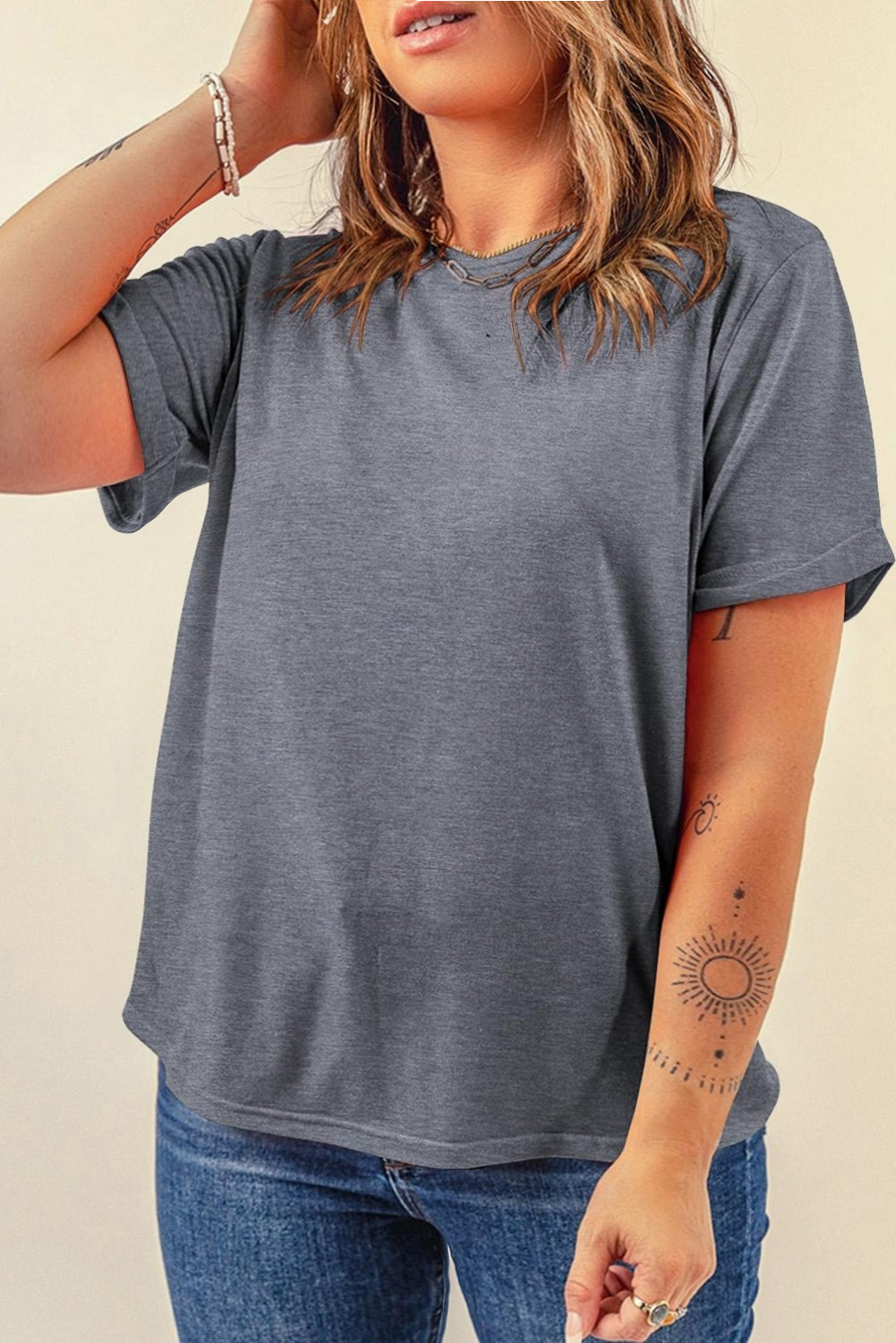 Gray Casual Plain Crew Neck Tee