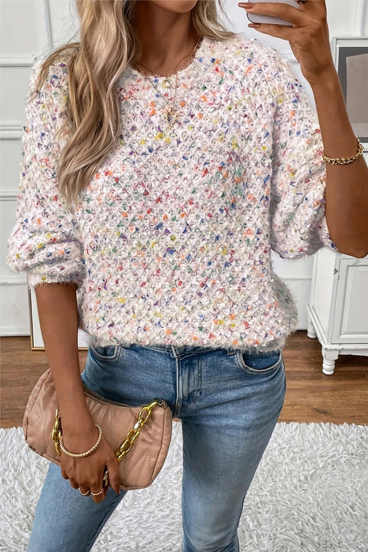 Colorful Confetti Knit Lantern Sleeve Sweater